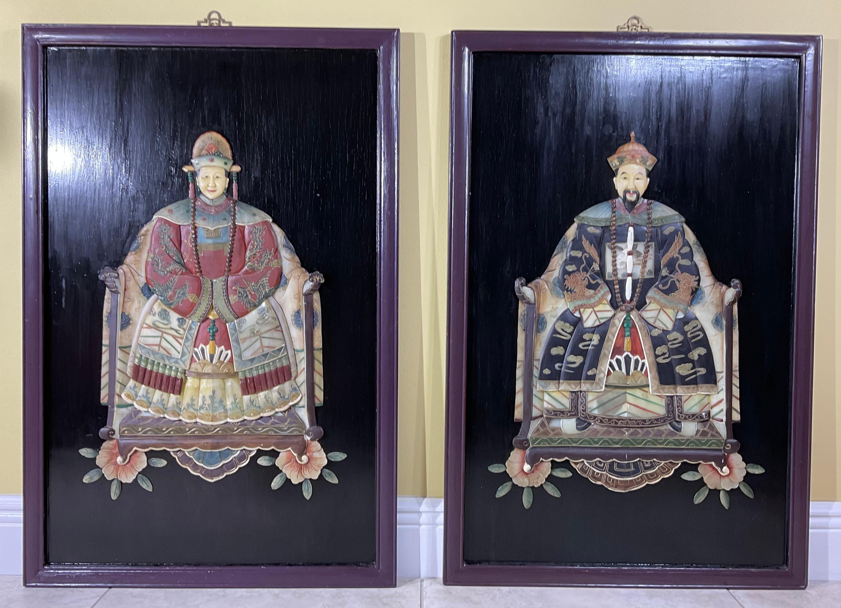 Pair of Large Chinese Carved Hardstone Emperor & Empress Portraits For Sale 9
