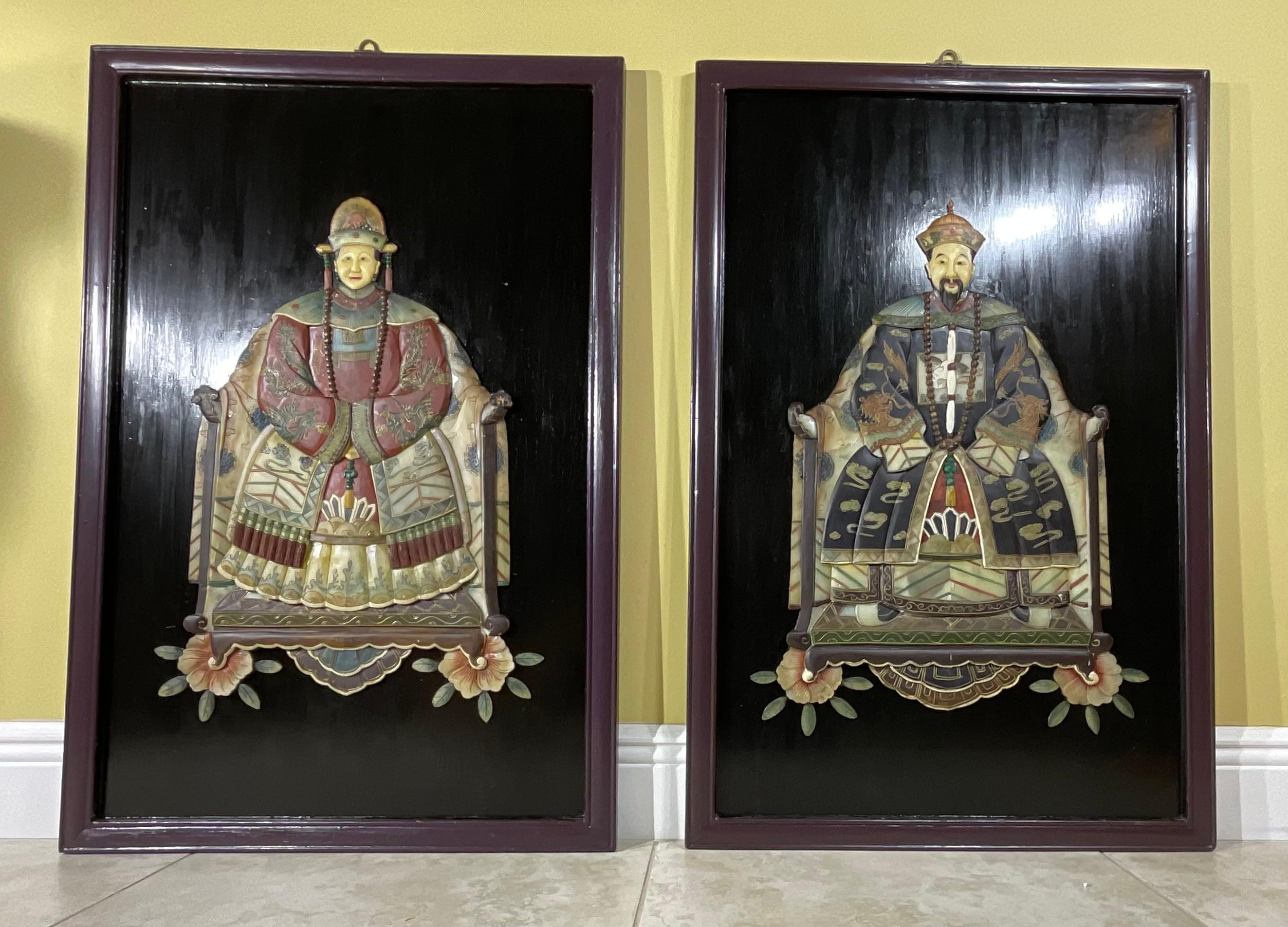 Pair of Large Chinese Carved Hardstone Emperor & Empress Portraits For Sale 10