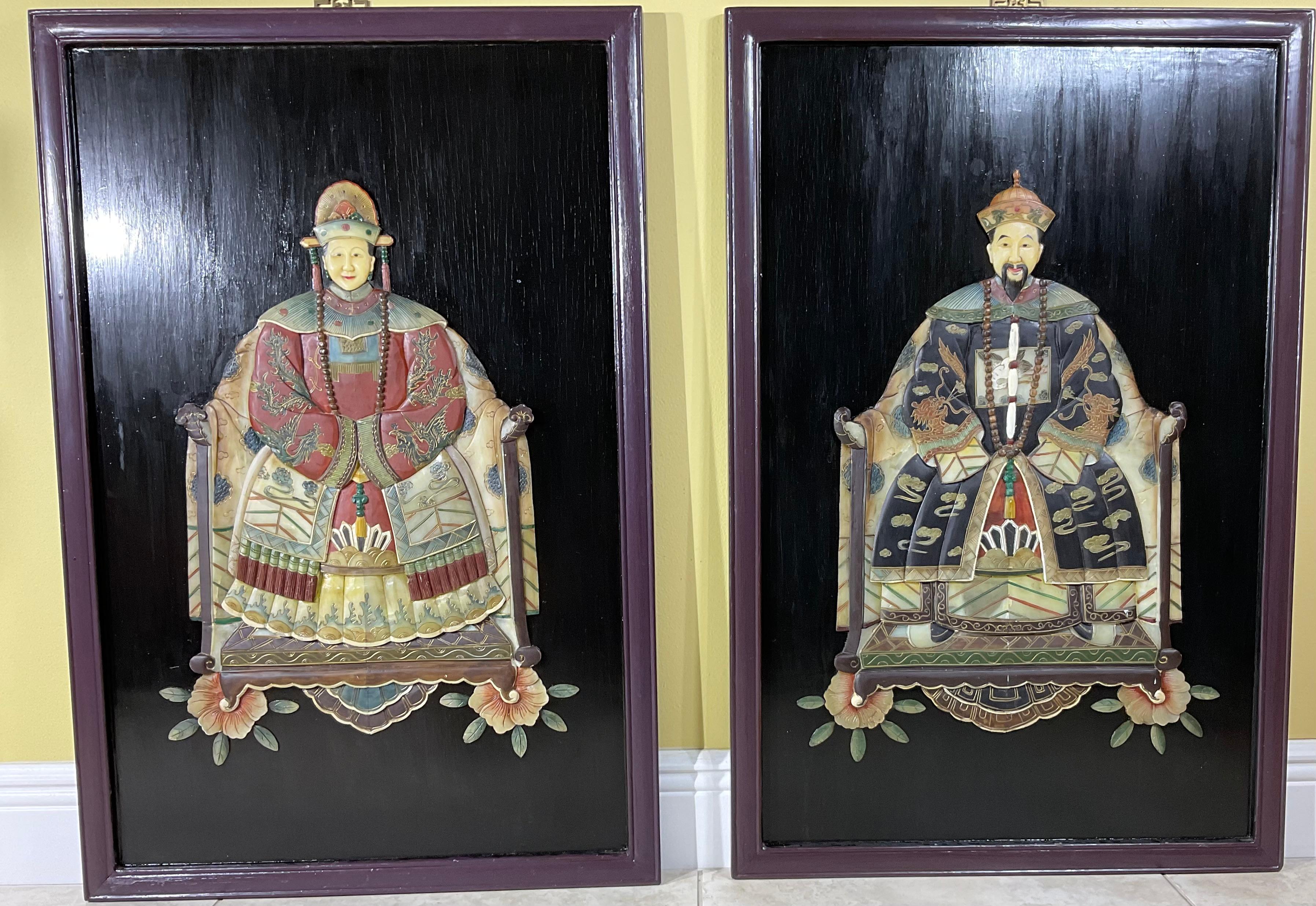 Pair of Large Chinese Carved Hardstone Emperor & Empress Portraits For Sale 11