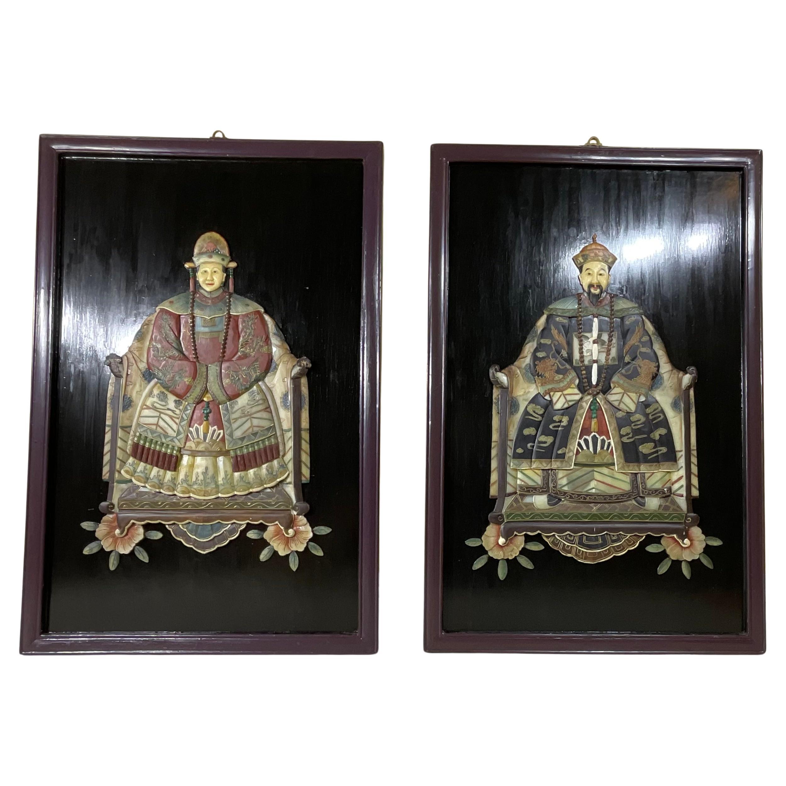 Pair of Large Chinese Carved Hardstone Emperor & Empress Portraits For Sale