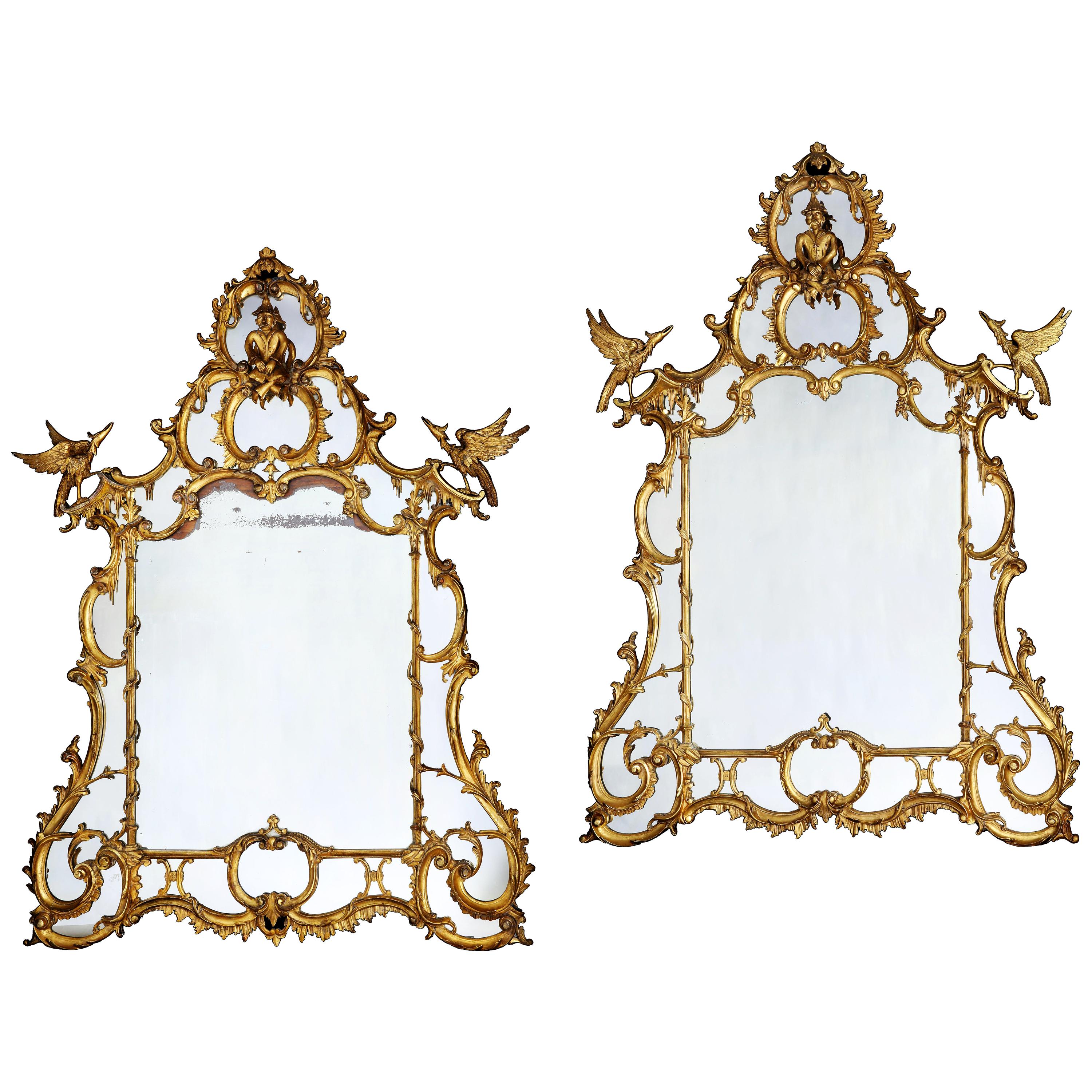 Pair of Large Chinese Chippendale Style Gilt Wood Over-Mantle Mirrors