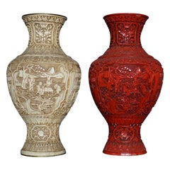 Pair of Large Chinese Cinnabar Lacquered Vases White & Red