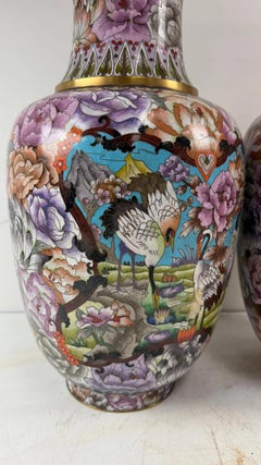 Pair Of Large Chinese Cloisonne Enamel Vases Deer Animals Flowers Pink