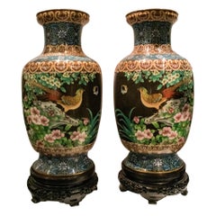 Pair of Large Chinese Cloisonne Enamel  Vases on Stand