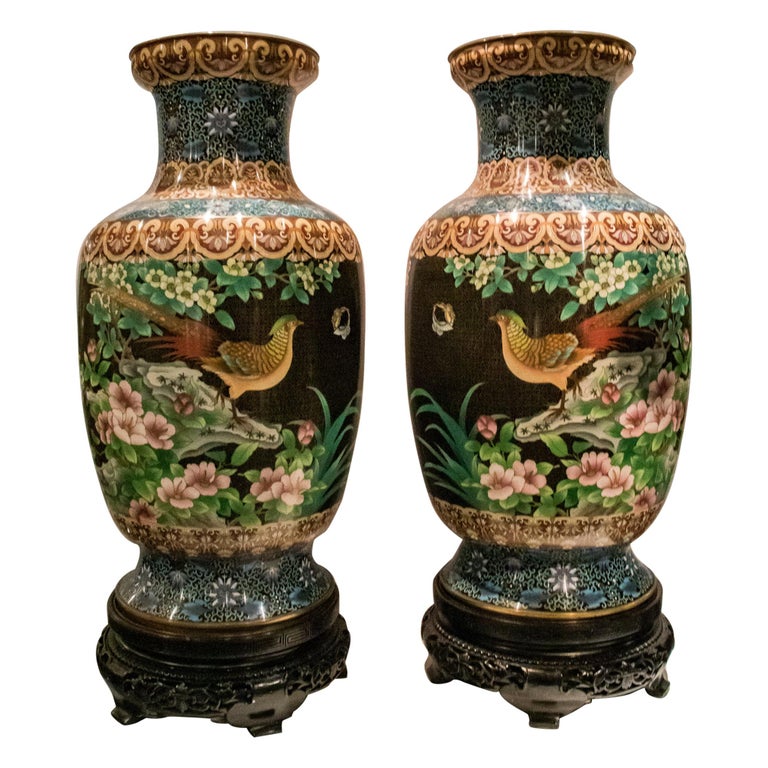 Pair of Large Chinese Cloisonne Enamel Vases on Stand at 1stDibs
