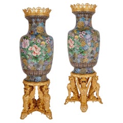 Pair of Large Chinese Cloisonné Enamel Vases with French Ormolu Mounts