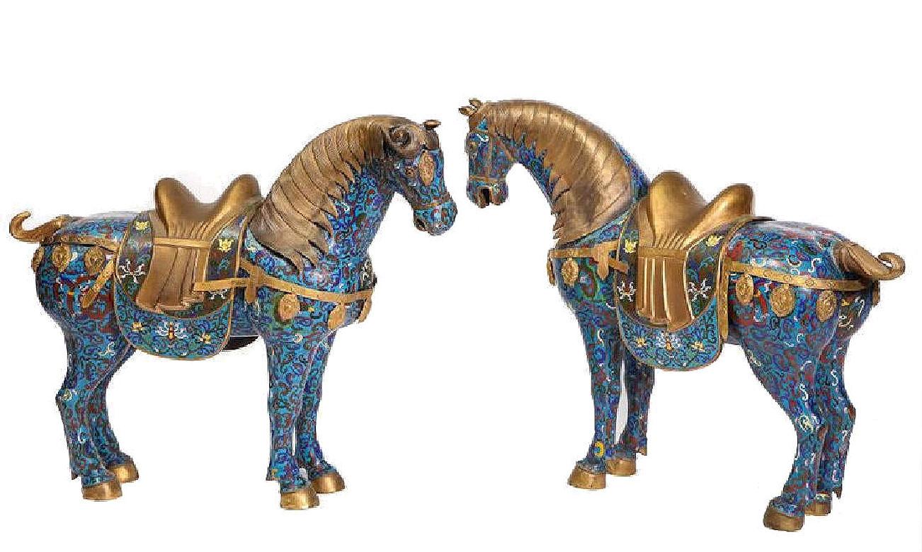 Vintage Cloisonne Enamel and Bronze Mini Navy Blue & Maroon Horses 2 pc Set 