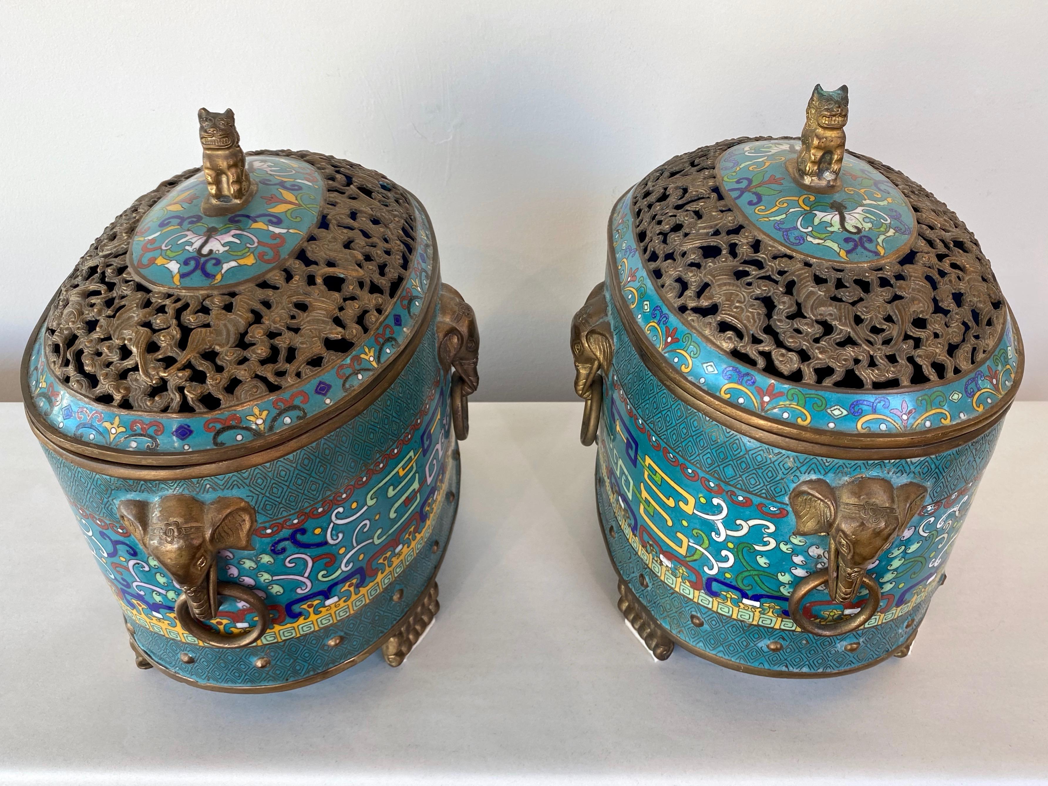Pair of Large Chinese Cloisonné Oval Censers with Brass Elephant Handles, 1960s 4