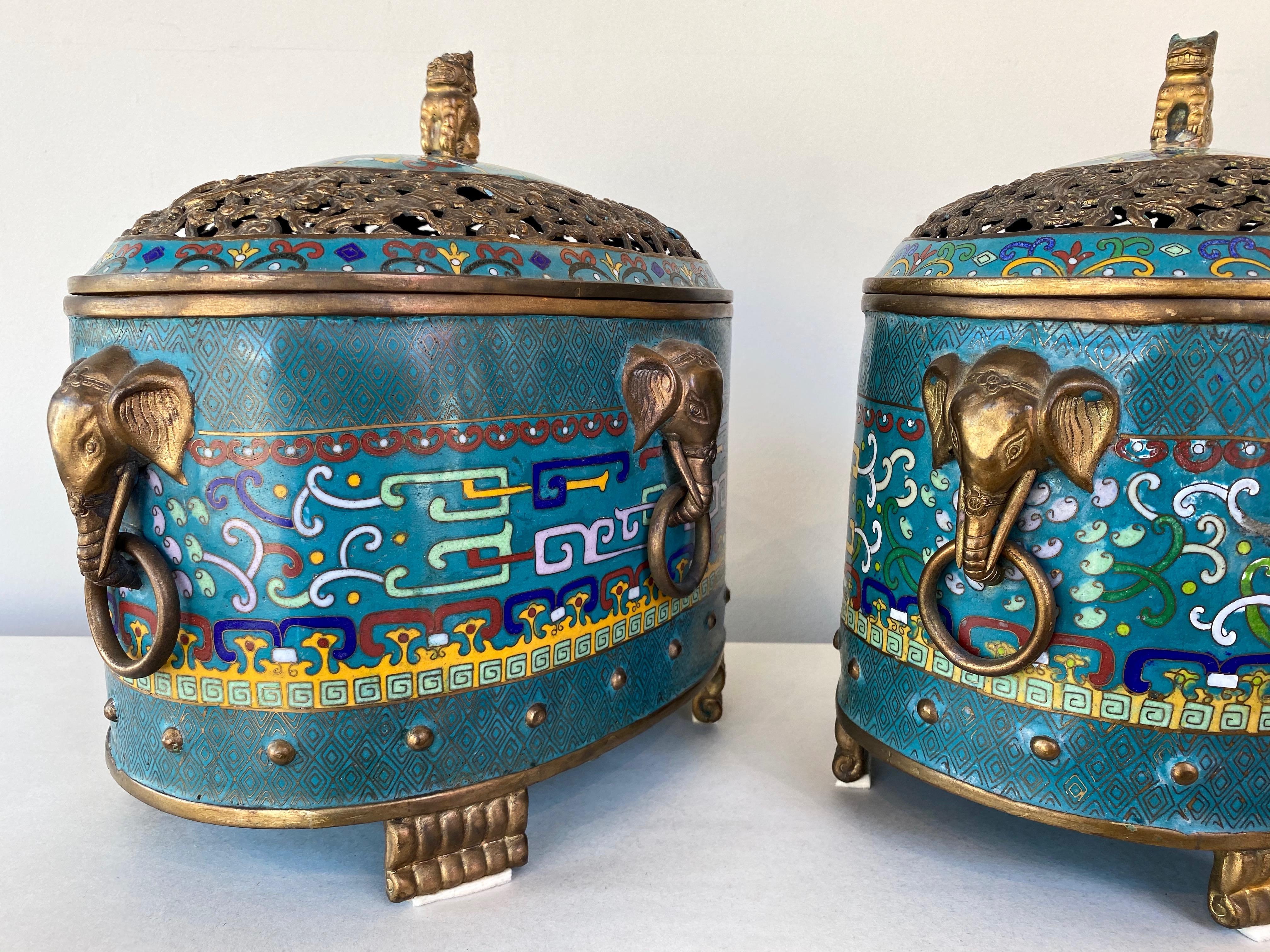 Pair of Large Chinese Cloisonné Oval Censers with Brass Elephant Handles, 1960s 5