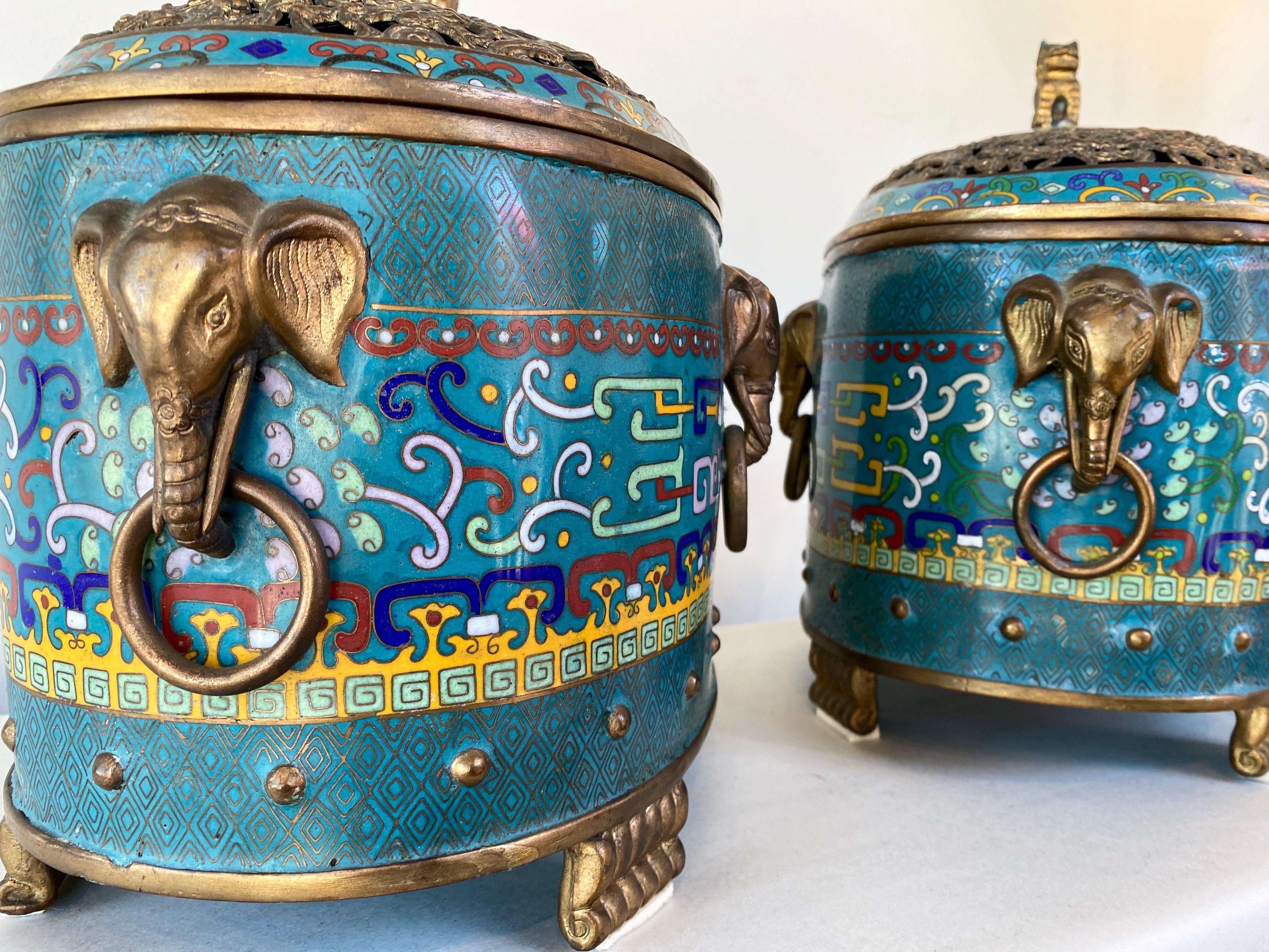Pair of Large Chinese Cloisonné Oval Censers with Brass Elephant Handles, 1960s 6