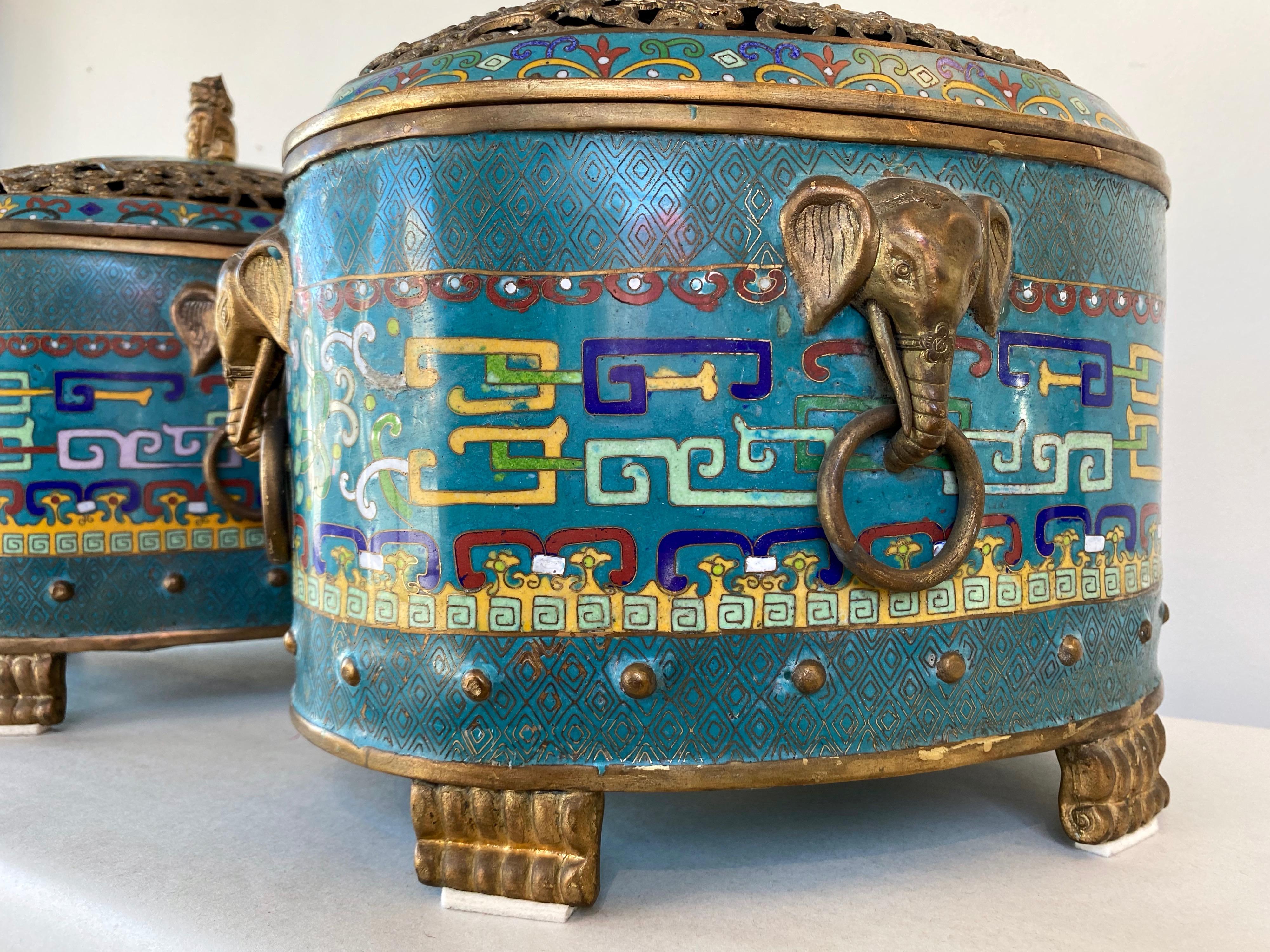 Pair of Large Chinese Cloisonné Oval Censers with Brass Elephant Handles, 1960s 7