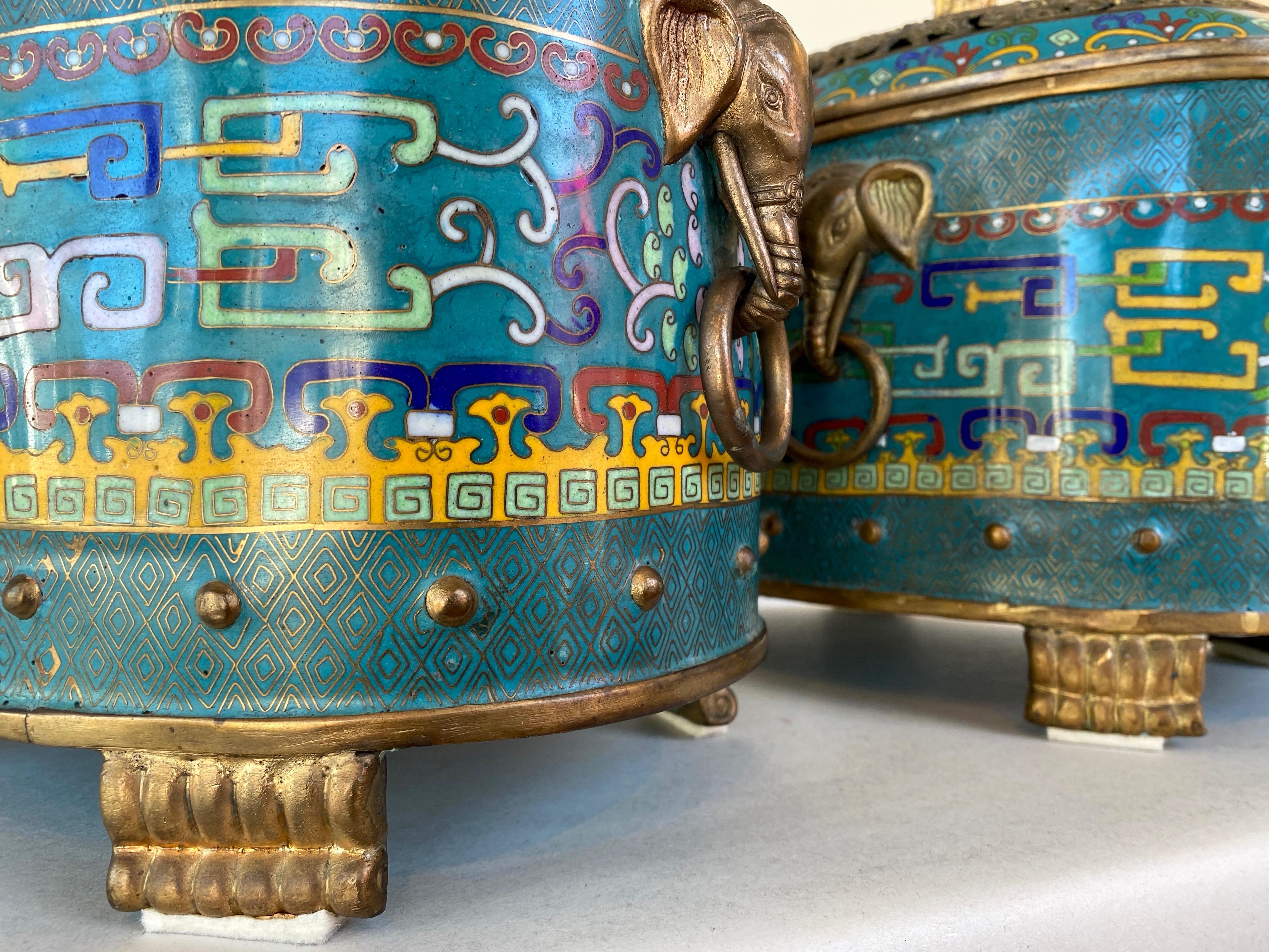 Pair of Large Chinese Cloisonné Oval Censers with Brass Elephant Handles, 1960s 8