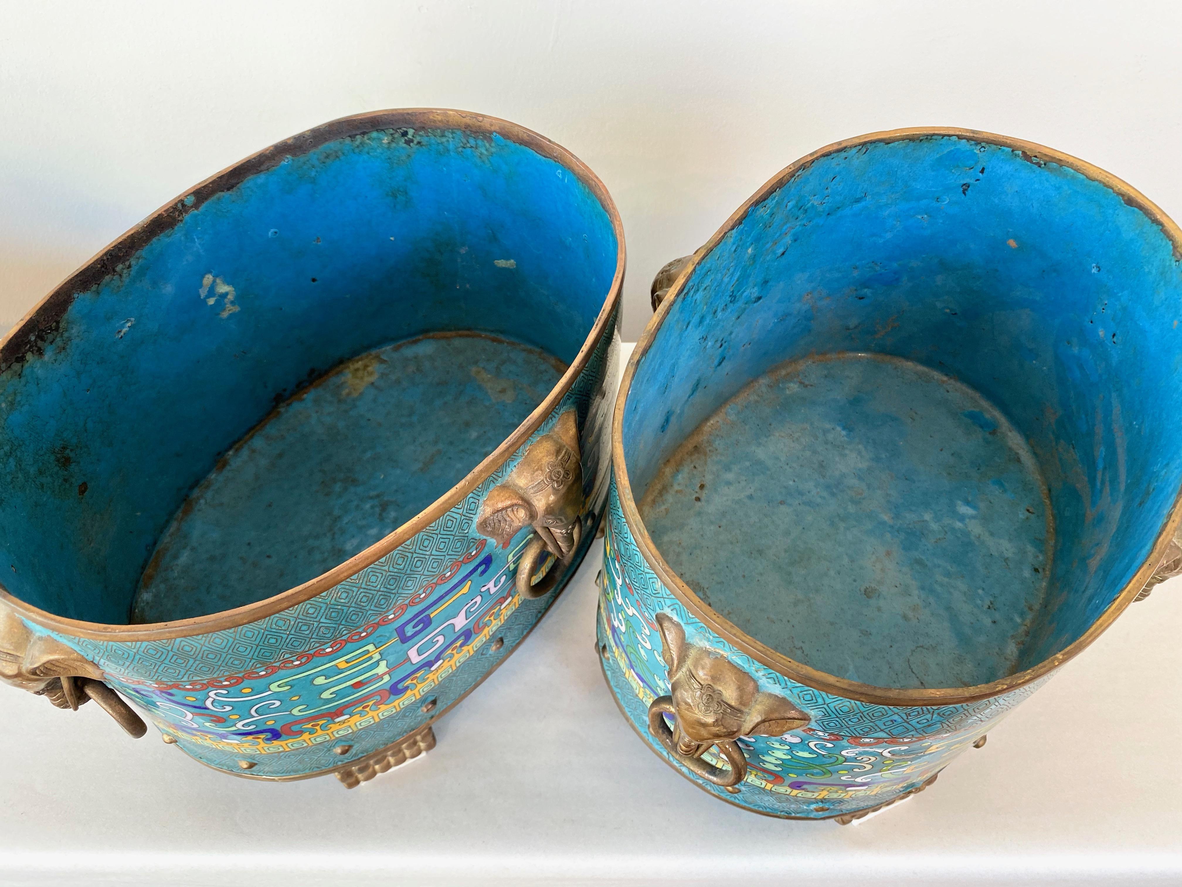 Pair of Large Chinese Cloisonné Oval Censers with Brass Elephant Handles, 1960s 14