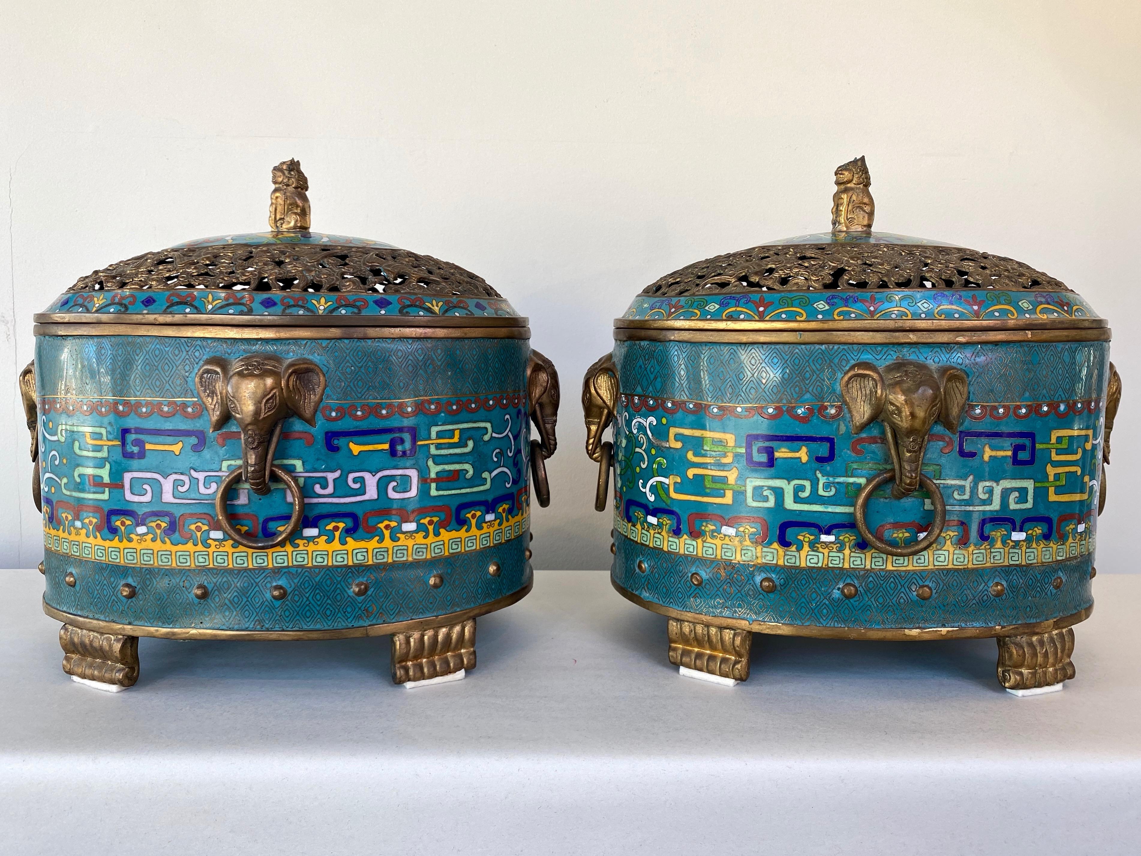 Chinese Export Pair of Large Chinese Cloisonné Oval Censers with Brass Elephant Handles, 1960s