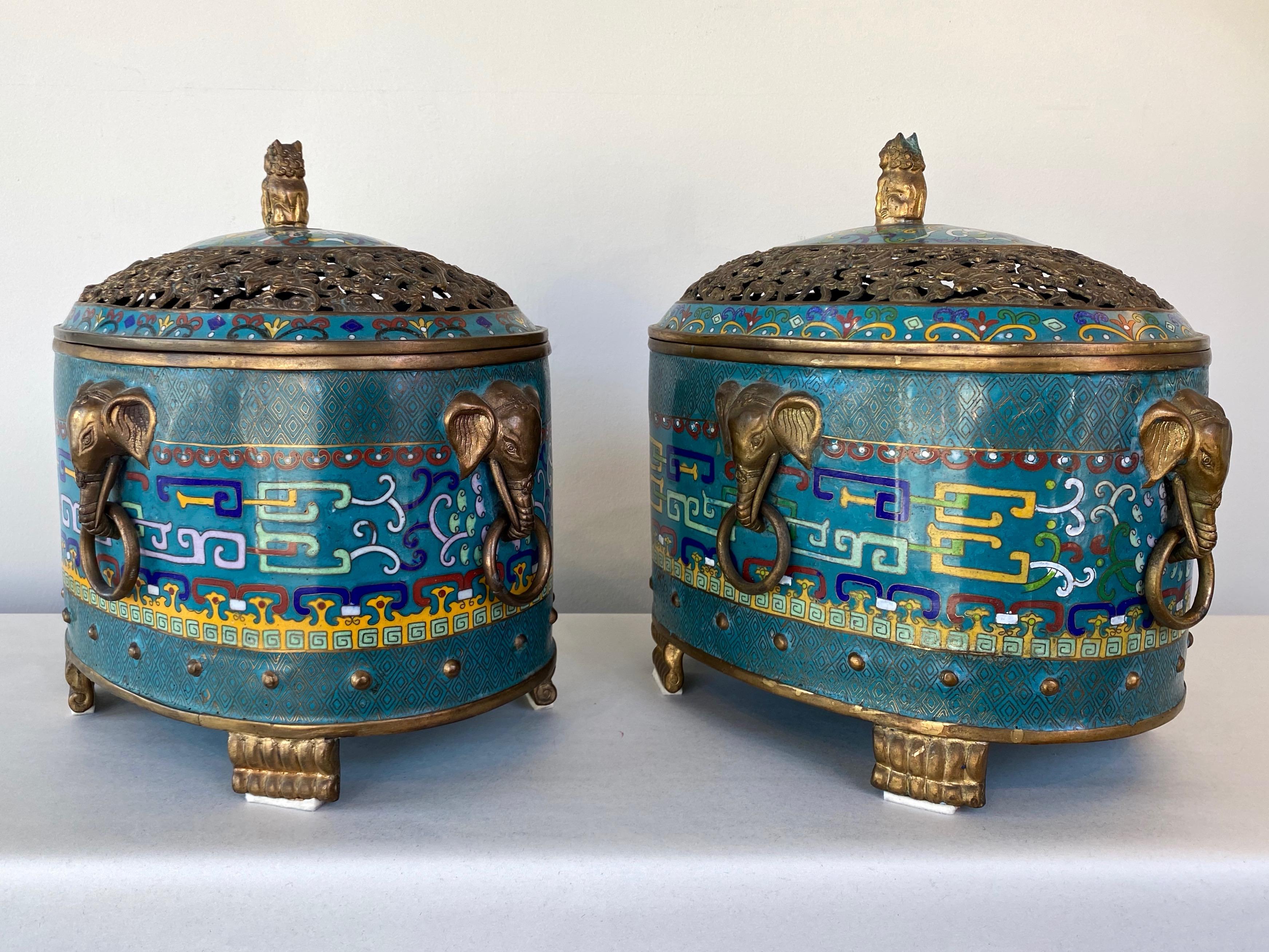 Cloissoné Pair of Large Chinese Cloisonné Oval Censers with Brass Elephant Handles, 1960s