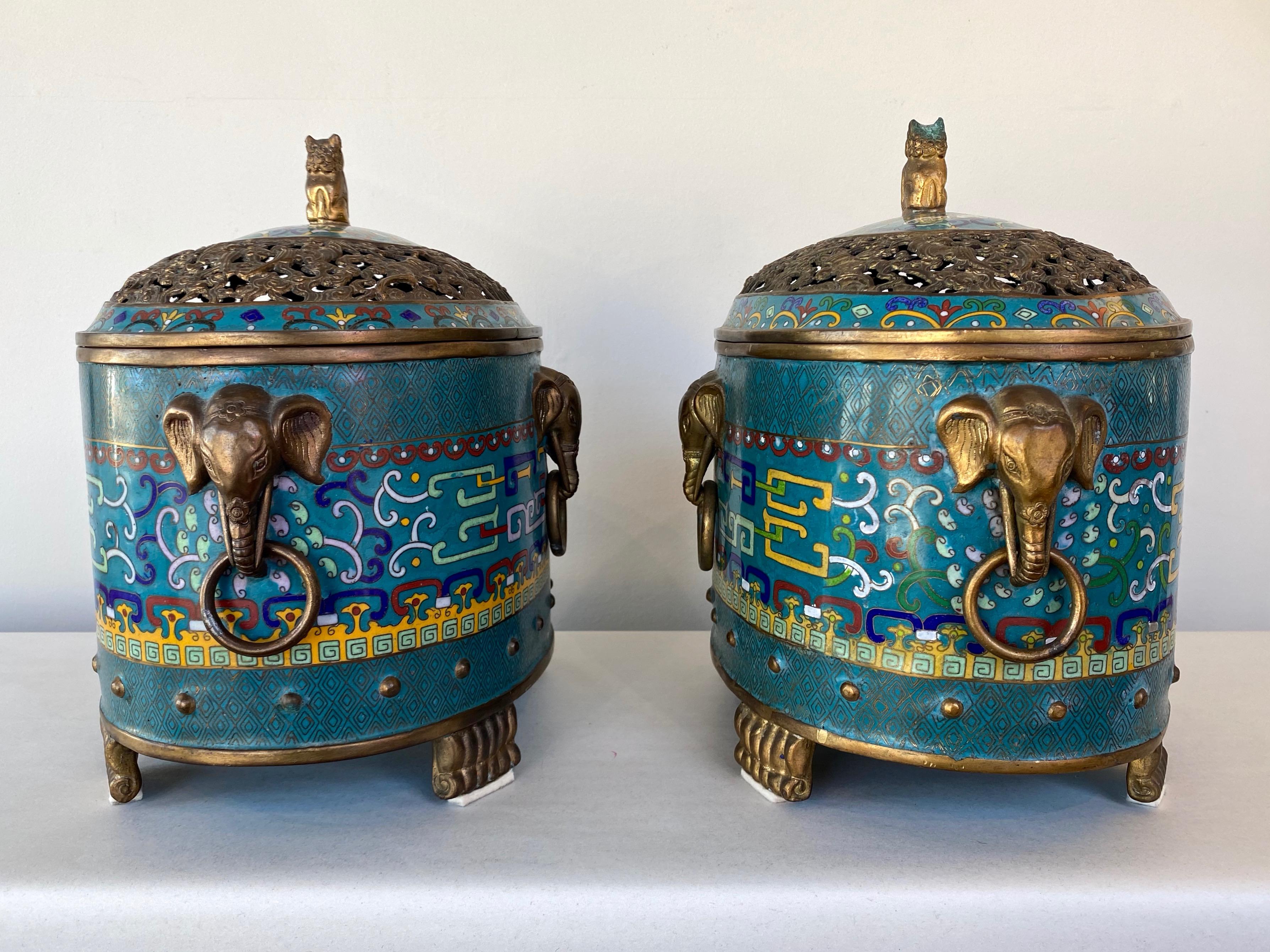 Pair of Large Chinese Cloisonné Oval Censers with Brass Elephant Handles, 1960s In Good Condition In San Francisco, CA