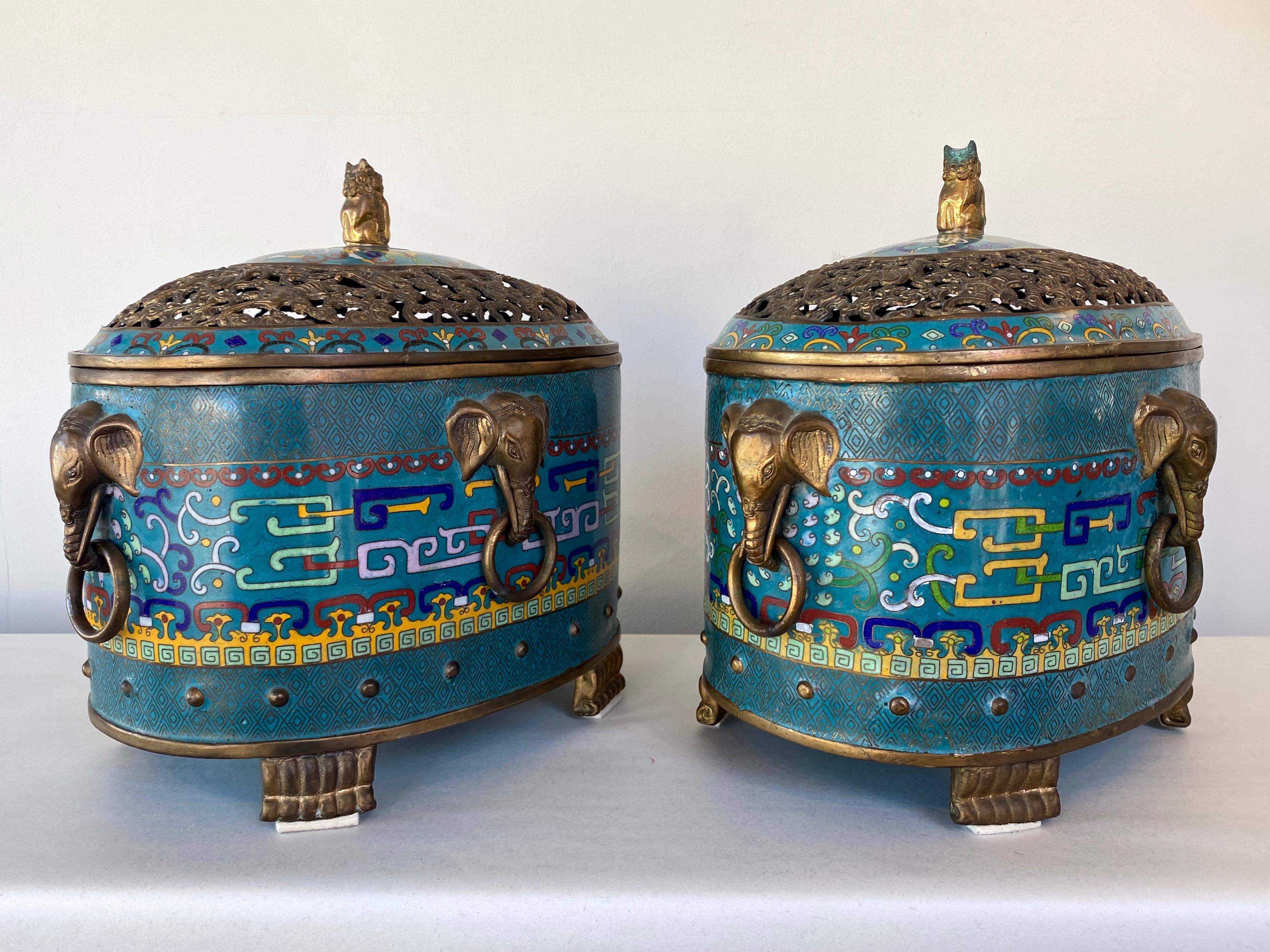 Mid-20th Century Pair of Large Chinese Cloisonné Oval Censers with Brass Elephant Handles, 1960s