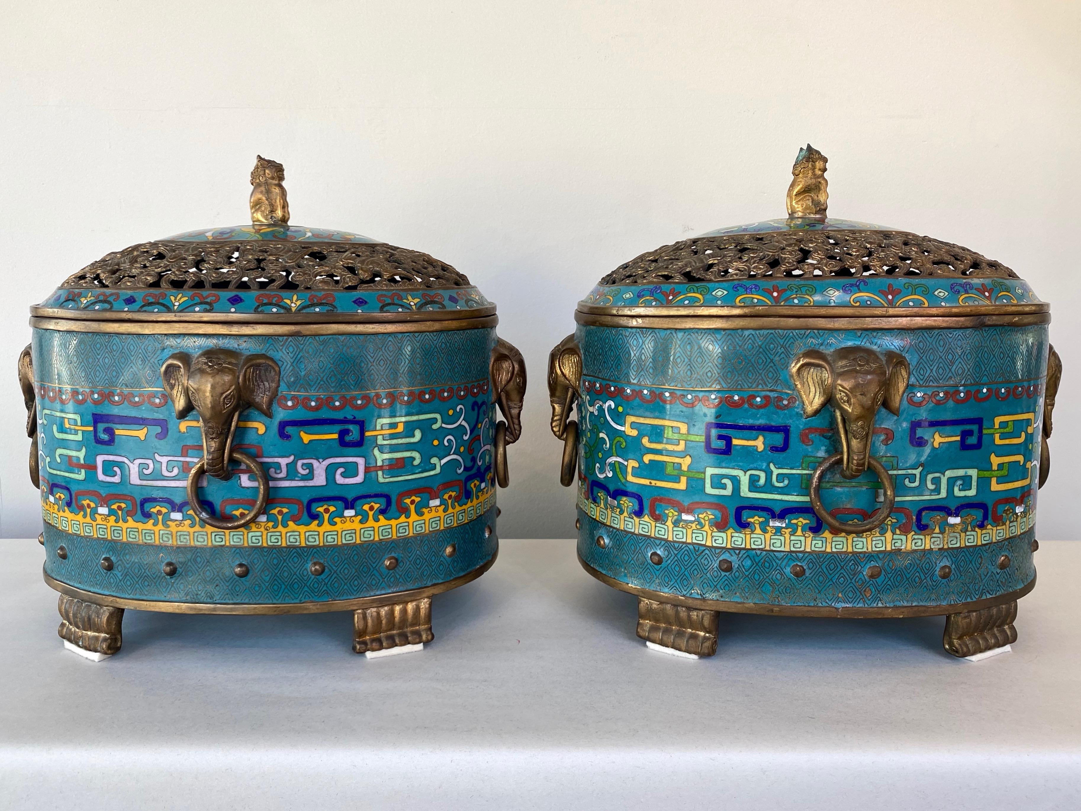 Pair of Large Chinese Cloisonné Oval Censers with Brass Elephant Handles, 1960s 1