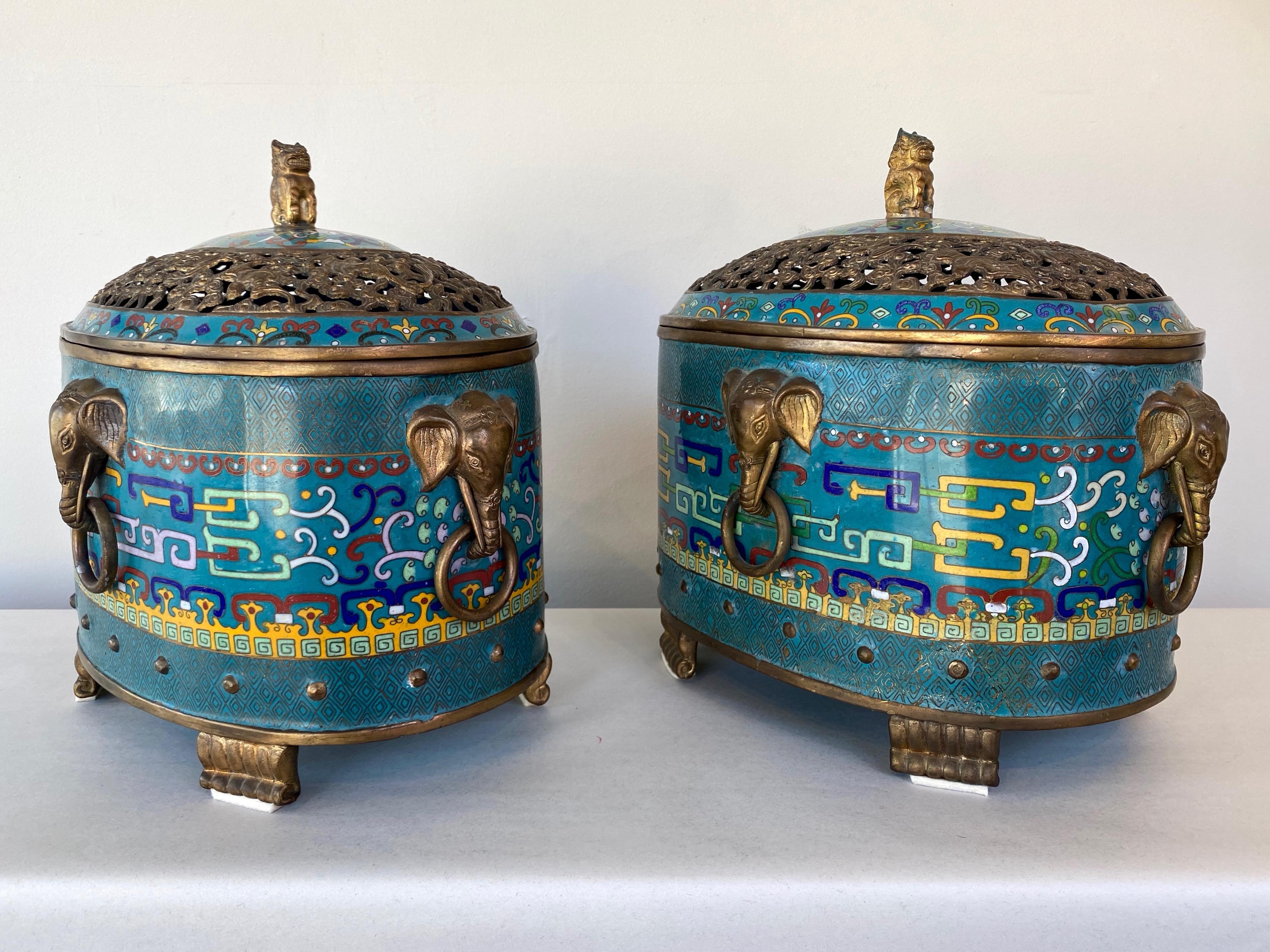 Pair of Large Chinese Cloisonné Oval Censers with Brass Elephant Handles, 1960s 2