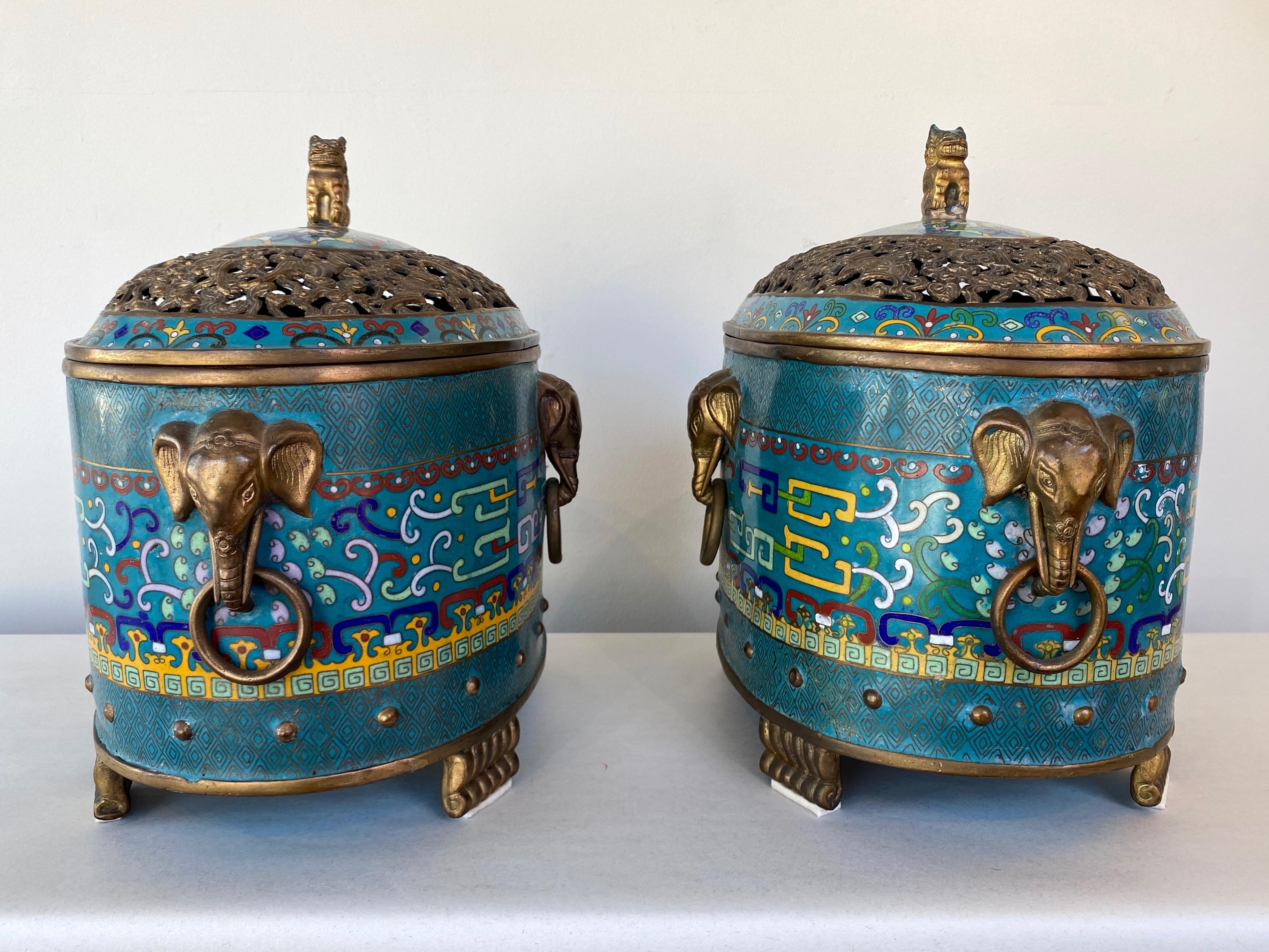 Pair of Large Chinese Cloisonné Oval Censers with Brass Elephant Handles, 1960s 3
