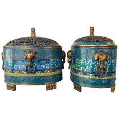 Vintage Pair of Large Chinese Cloisonné Oval Censers with Brass Elephant Handles, 1960s