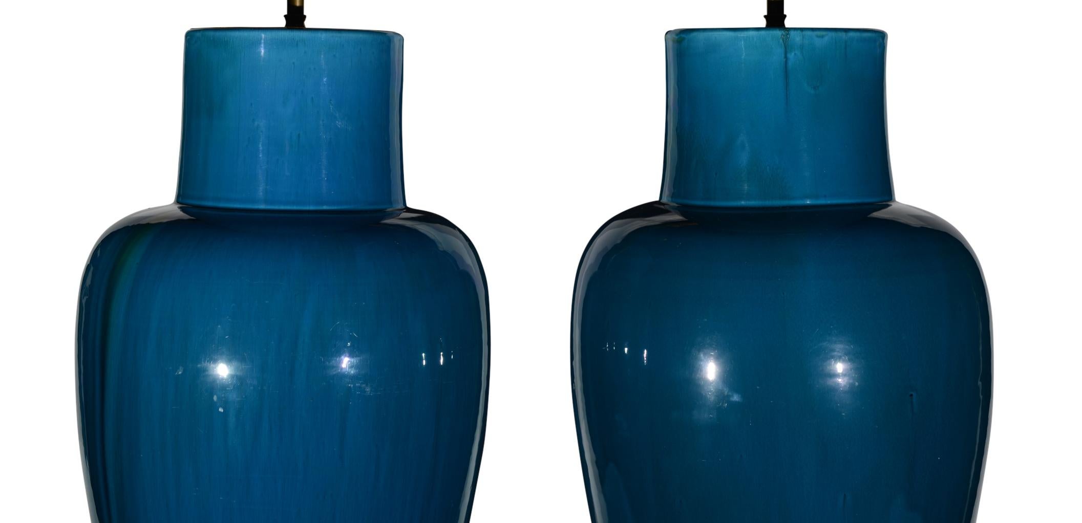Pair of Large Chinese Deep Turquoise Flambe Glazed Table Lamps In Good Condition For Sale In London, GB
