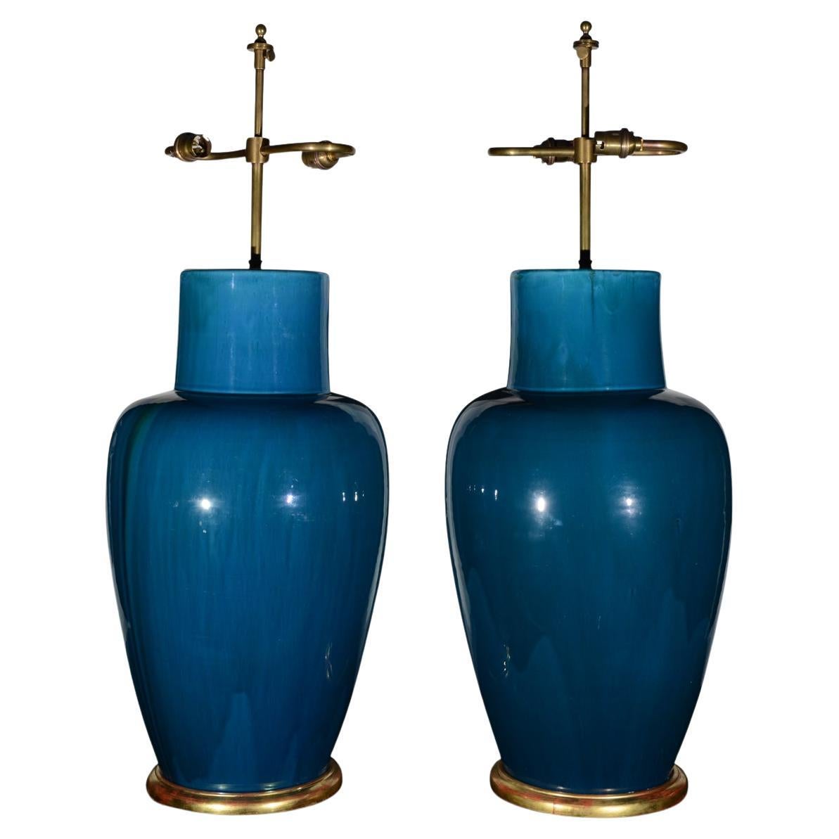 Pair of Large Chinese Deep Turquoise Flambe Glazed Table Lamps For Sale