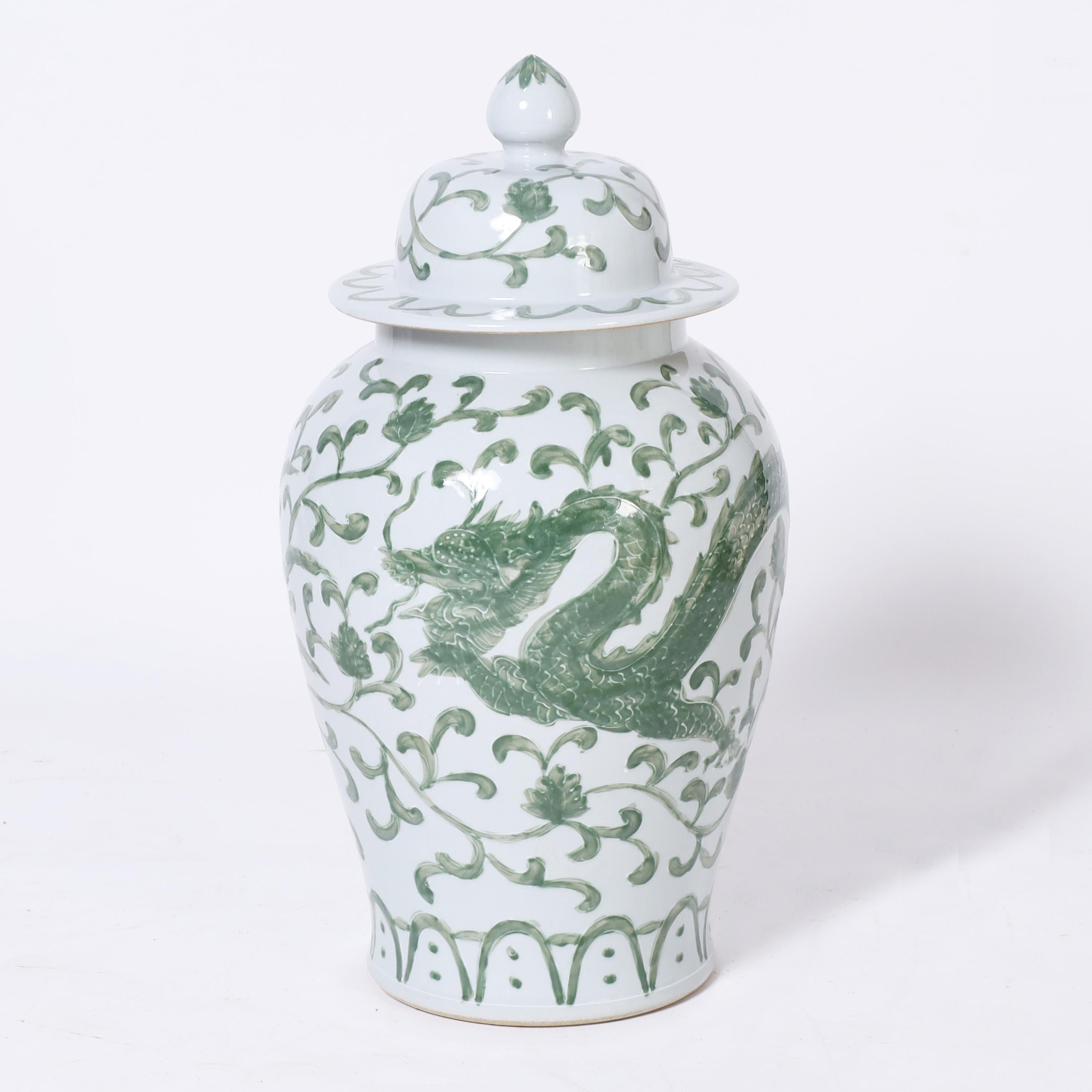 Glazed Pair of Large Chinese Export Green and White Porcelain Lidded Jars