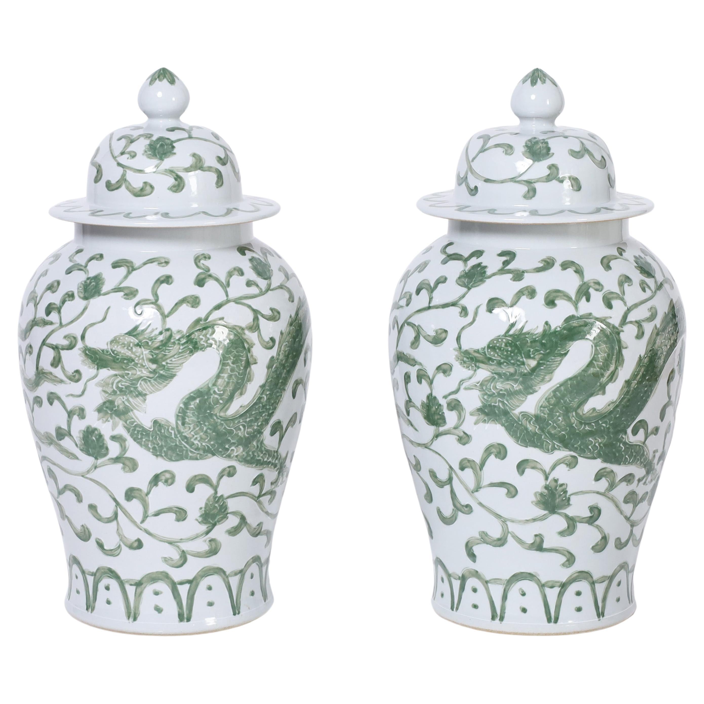 Pair of Large Chinese Export Green and White Porcelain Lidded Jars