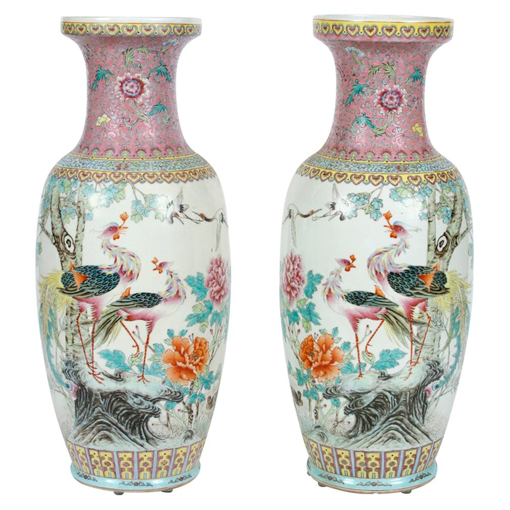 Pair of Large Chinese Export Pink Vases with Peacocks