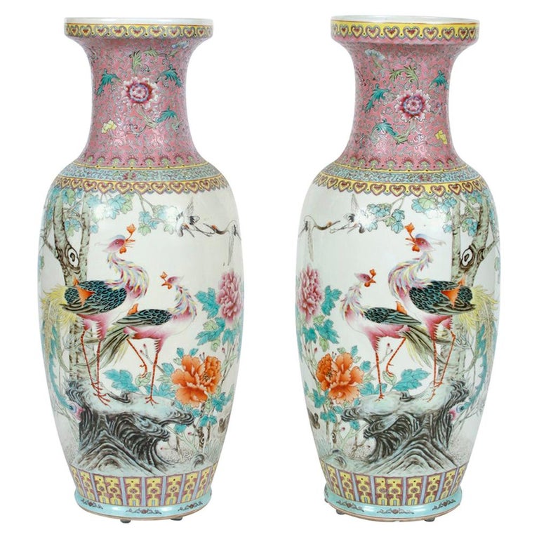 Pair of Large Chinese Export Pink Vases with Peacocks For Sale
