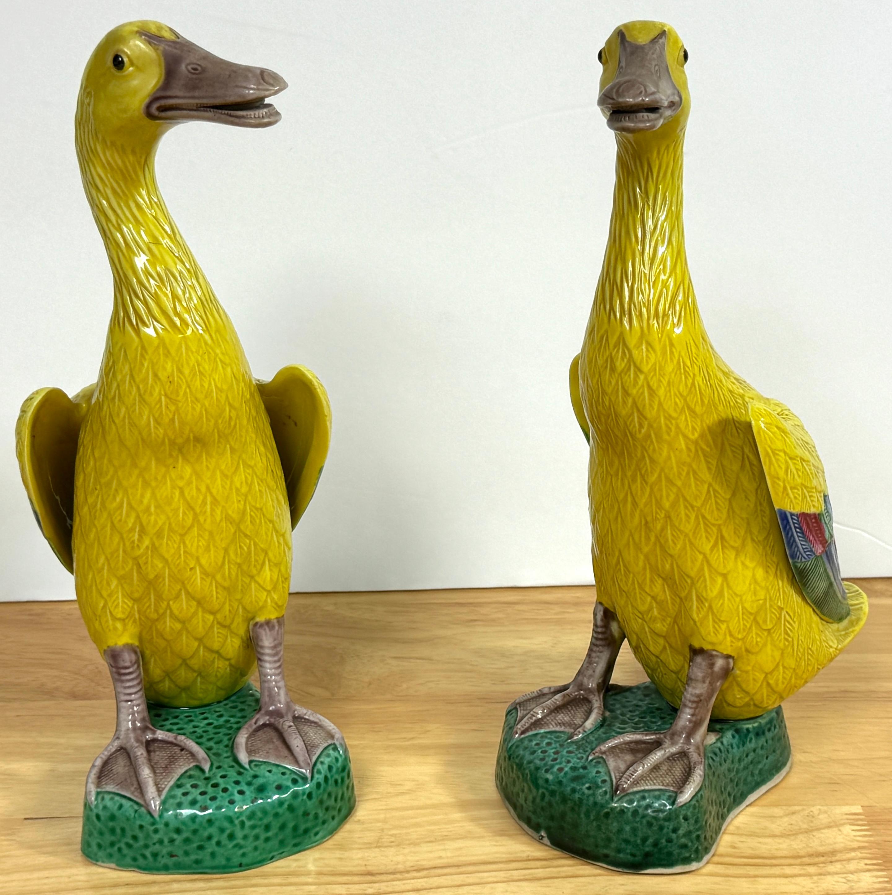 Glazed Pair of Large Chinese Export Porcelain Figures of Yellow Ducks