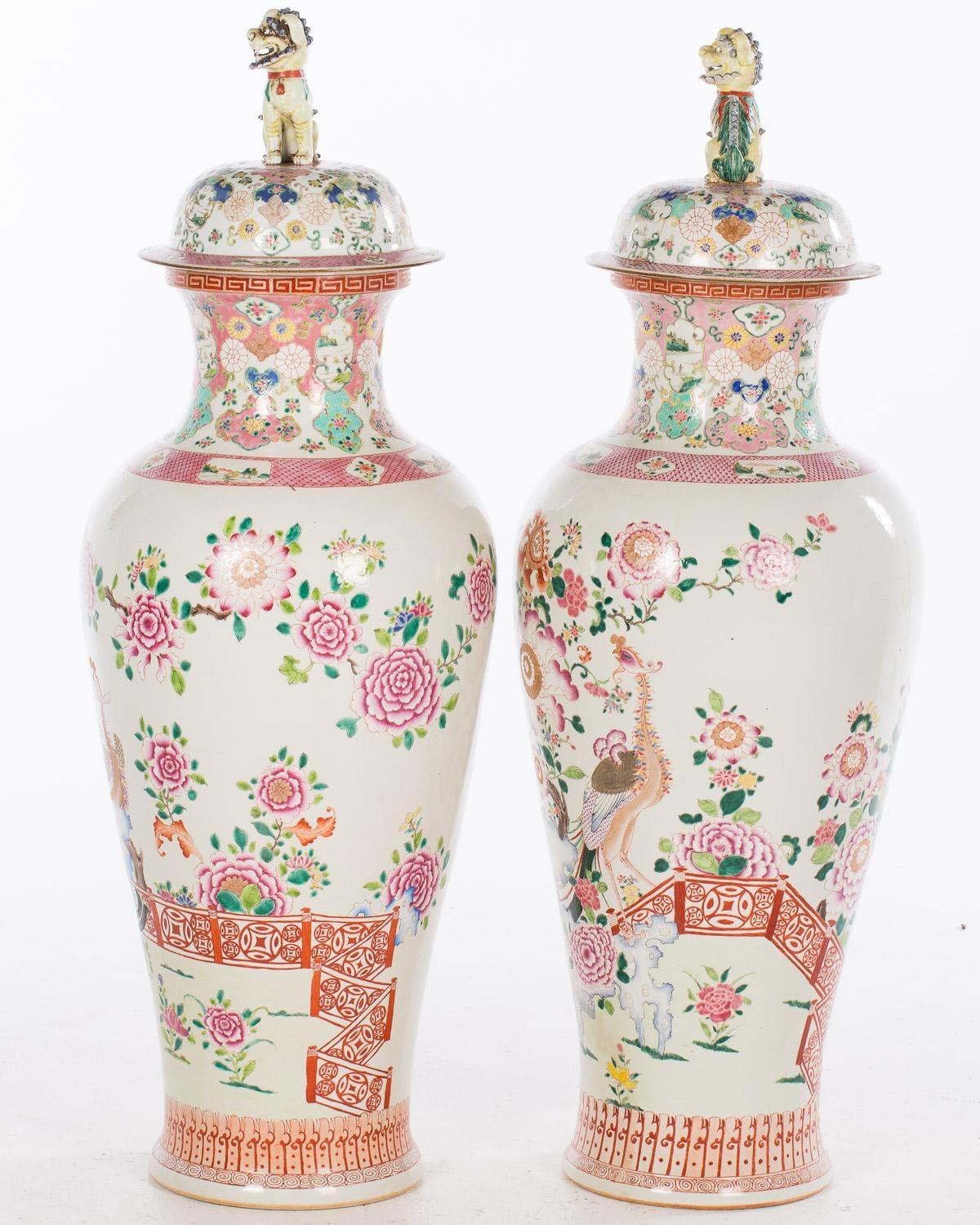Painted Pair of Large Chinese Famille Rose Covered Vases