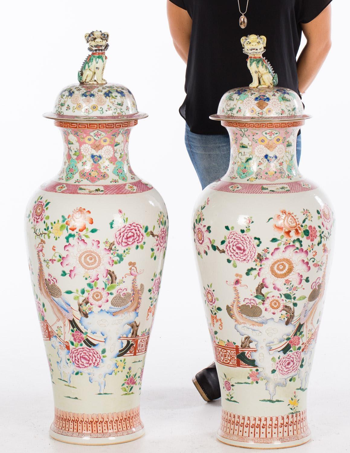Pair of Large Chinese Famille Rose Covered Vases 2