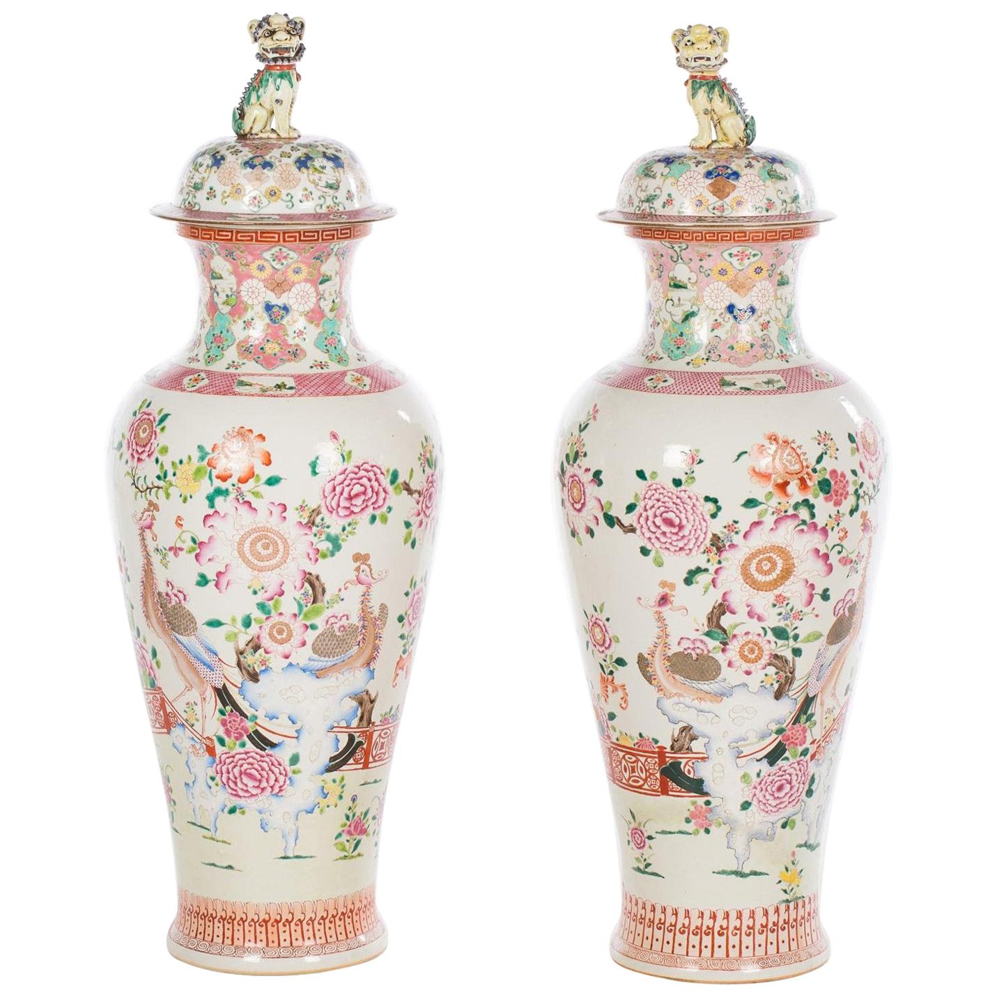 Pair of Large Chinese Famille Rose Covered Vases