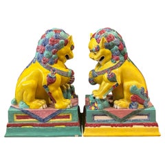 Pair of Large Chinese Famille Rose Glazed Guardian Foo Dogs / Temple Lions