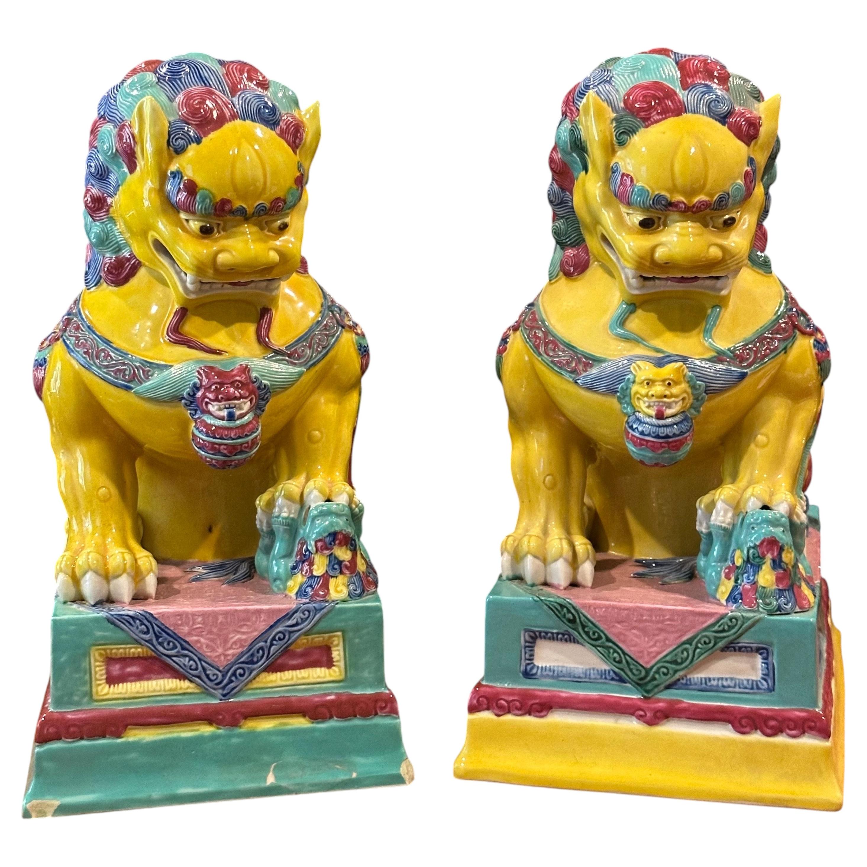 Pair of Large Chinese Famille Rose Glazed Guardian Foo Dogs / Temple Lions