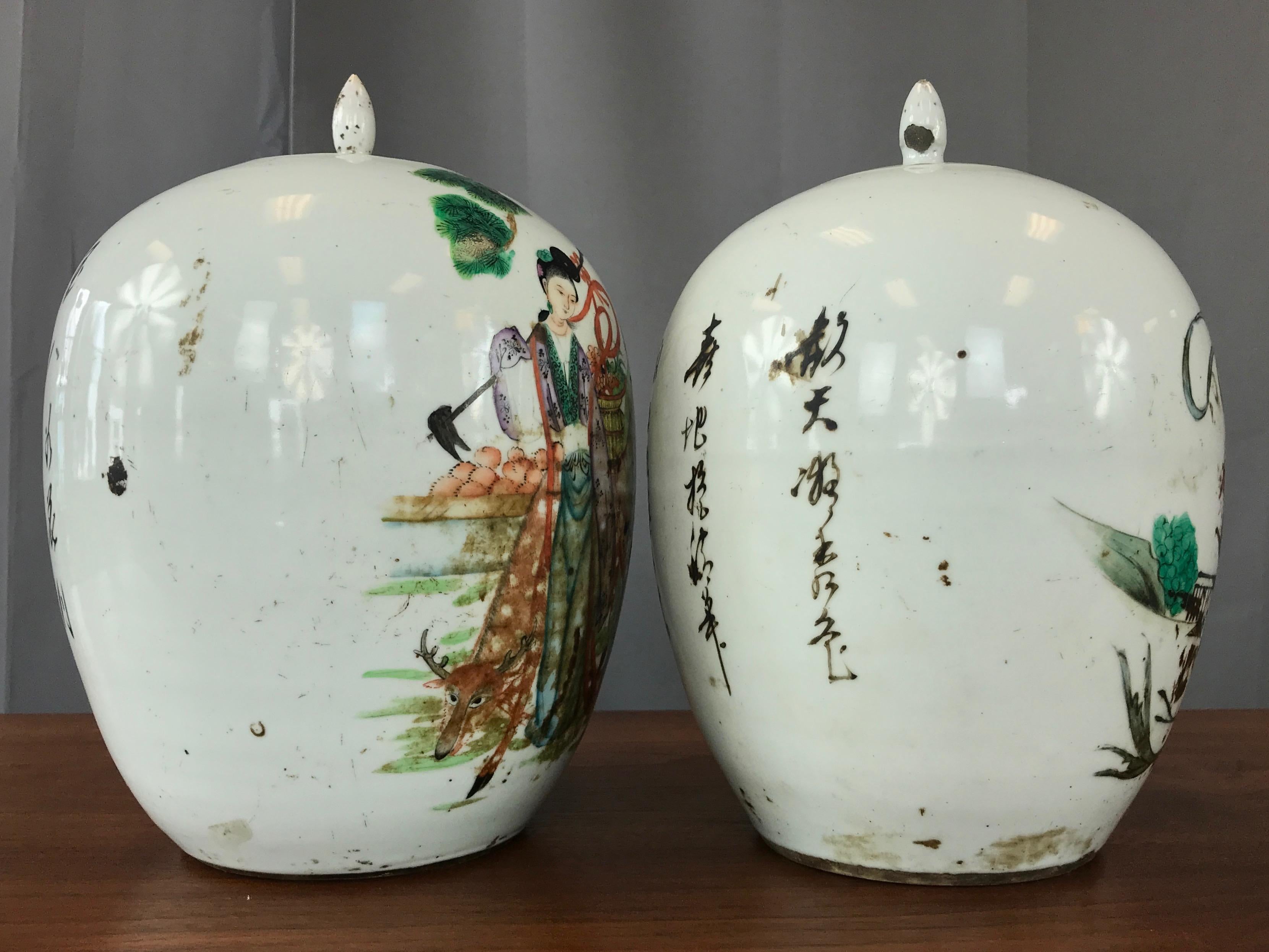 Chinoiserie Pair of Large Chinese Famille Verte Porcelain Covered Vases, Late Qing Period