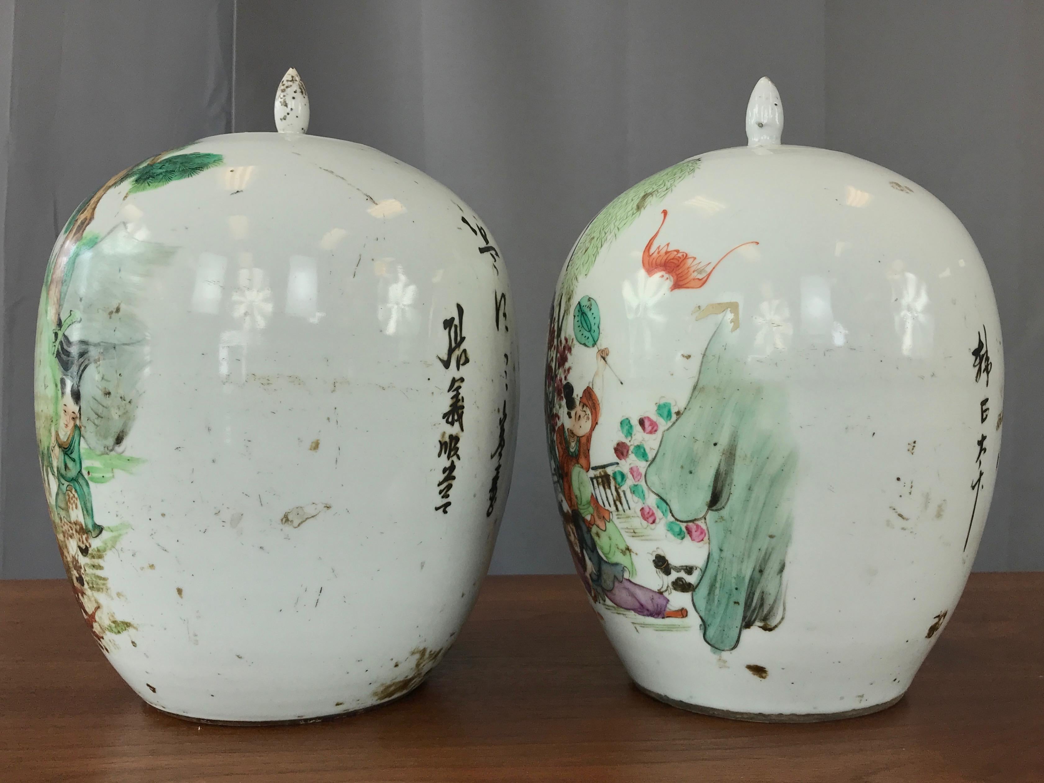 Glazed Pair of Large Chinese Famille Verte Porcelain Covered Vases, Late Qing Period