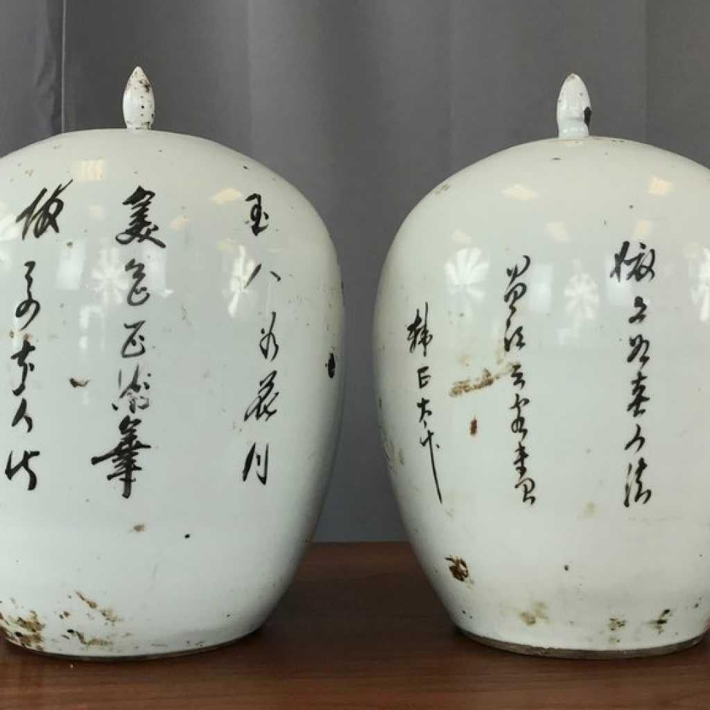 Ceramic Pair of Large Chinese Famille Verte Porcelain Covered Vases, Early Republican