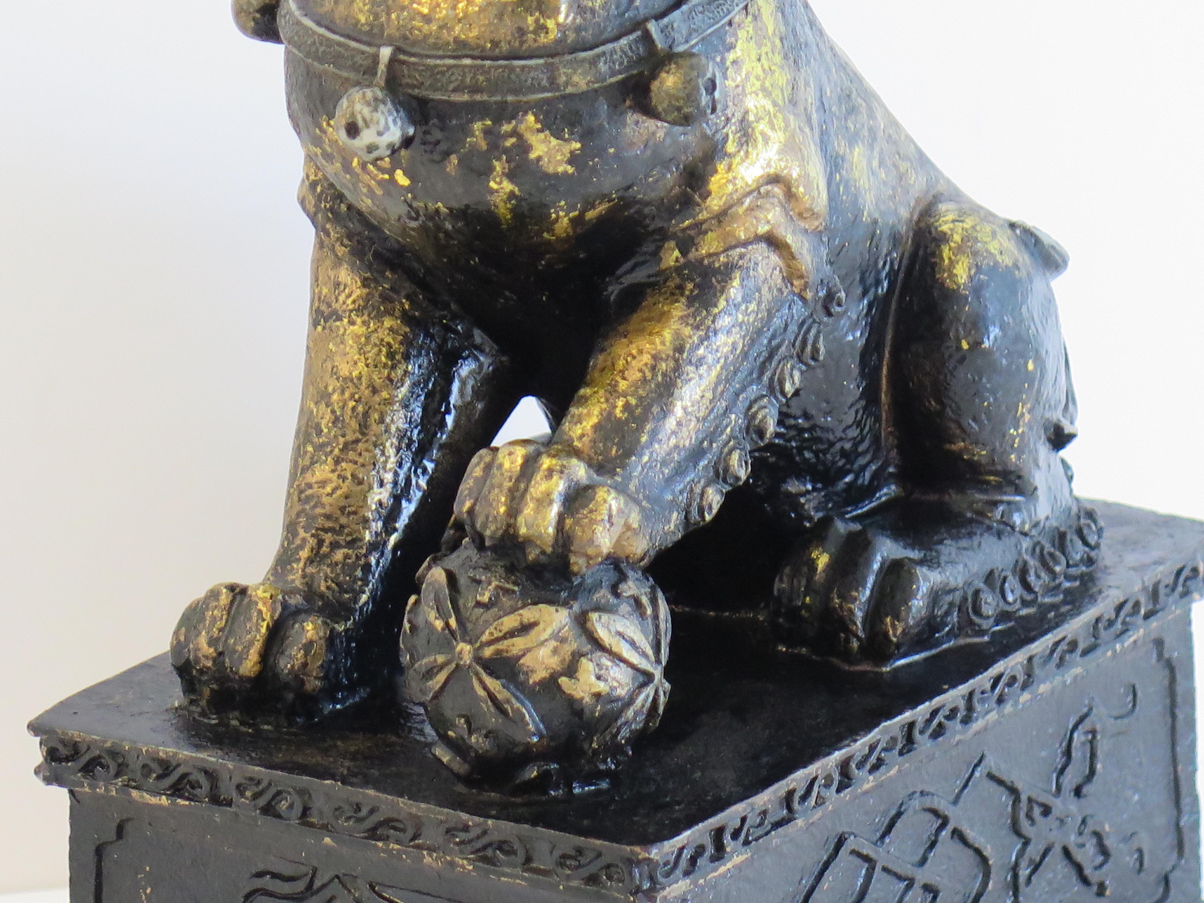 PAIR of Large Chinese Foo Dogs Gilded Metal with good detail, Circa 1920s For Sale 6