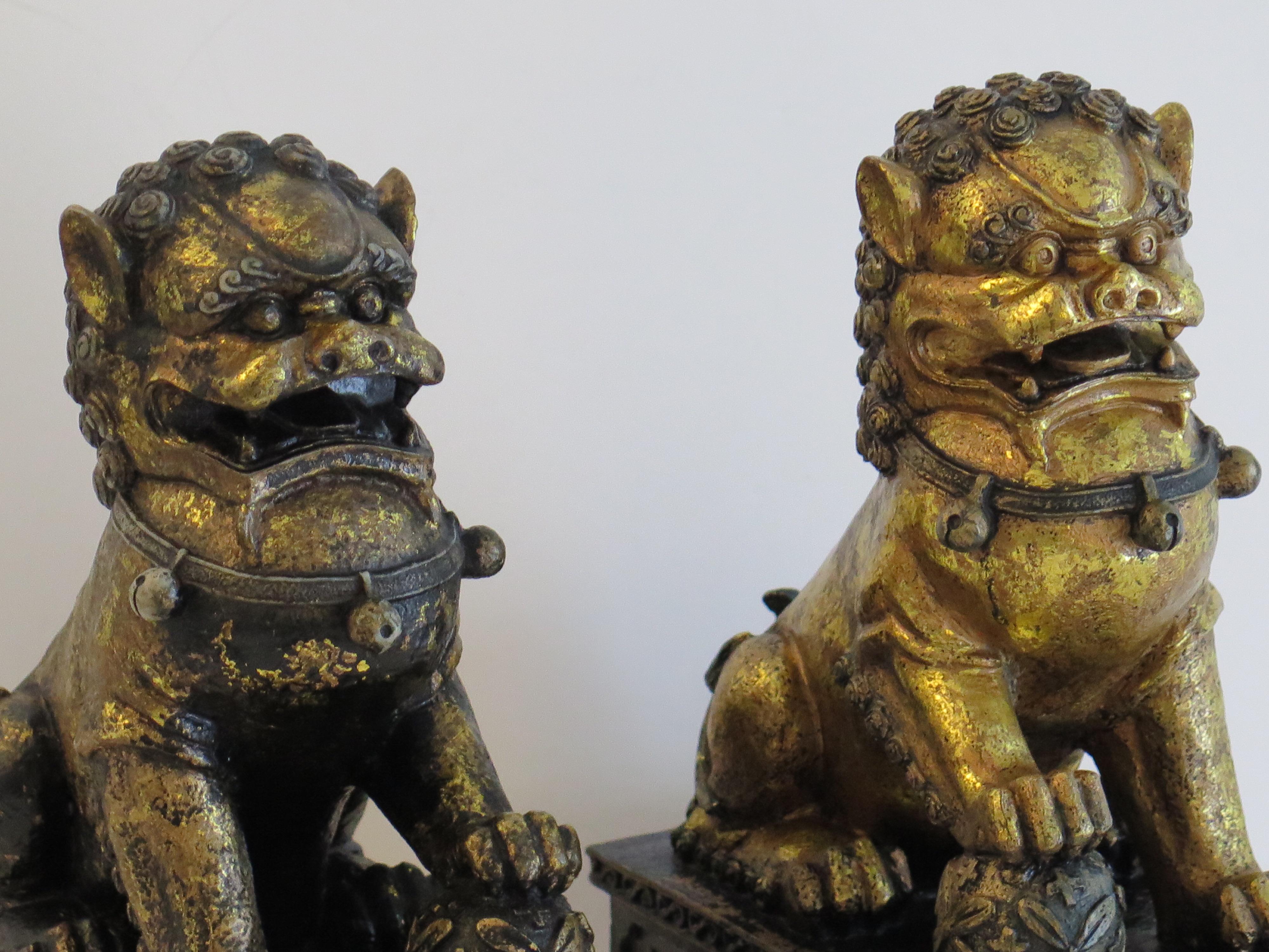 PAIR of Large Chinese Foo Dogs Gilded Metal with good detail, Circa 1920s For Sale 9