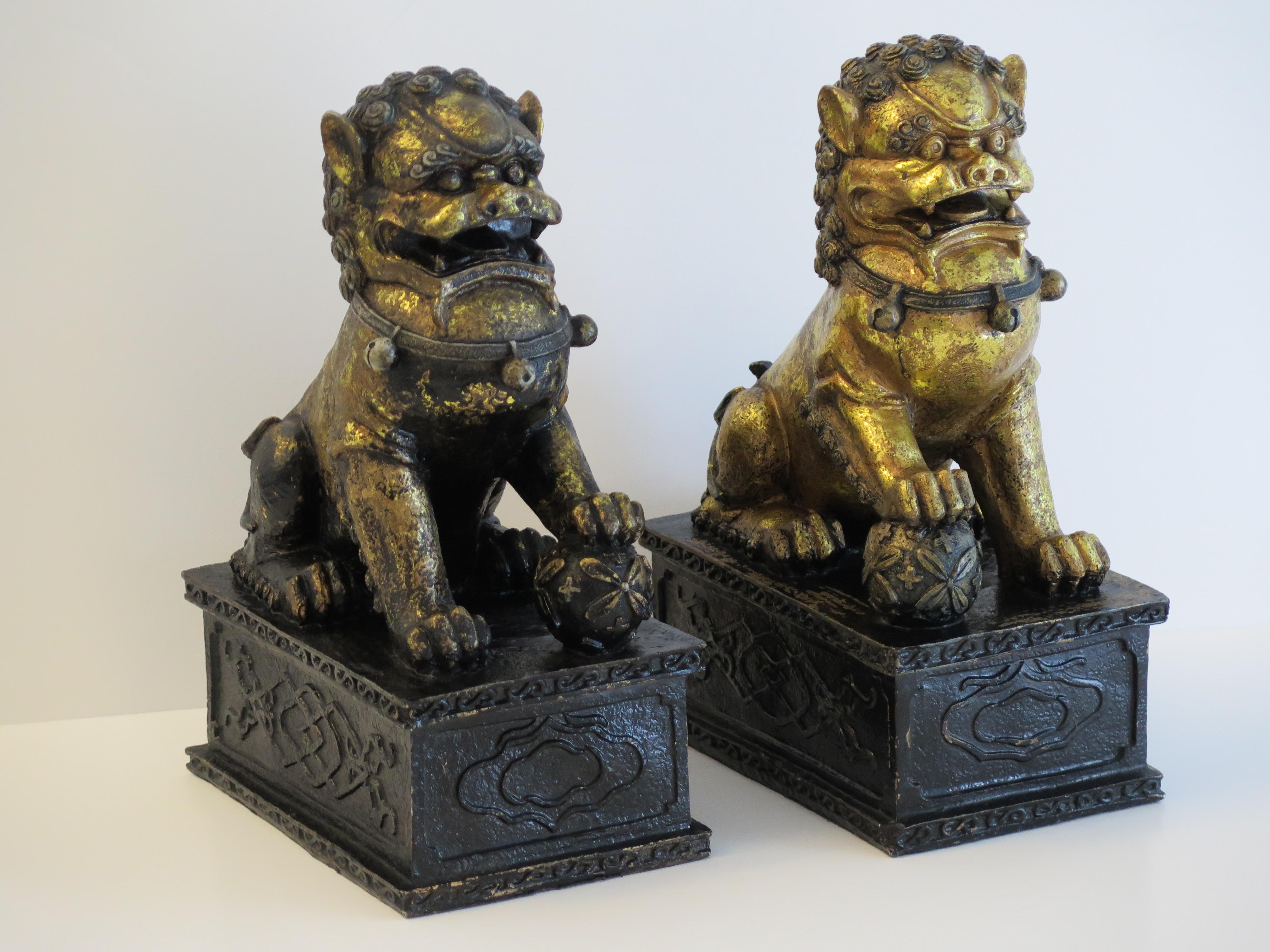 Ming PAIR of Large Chinese Foo Dogs Gilded Metal with good detail, Circa 1920s For Sale