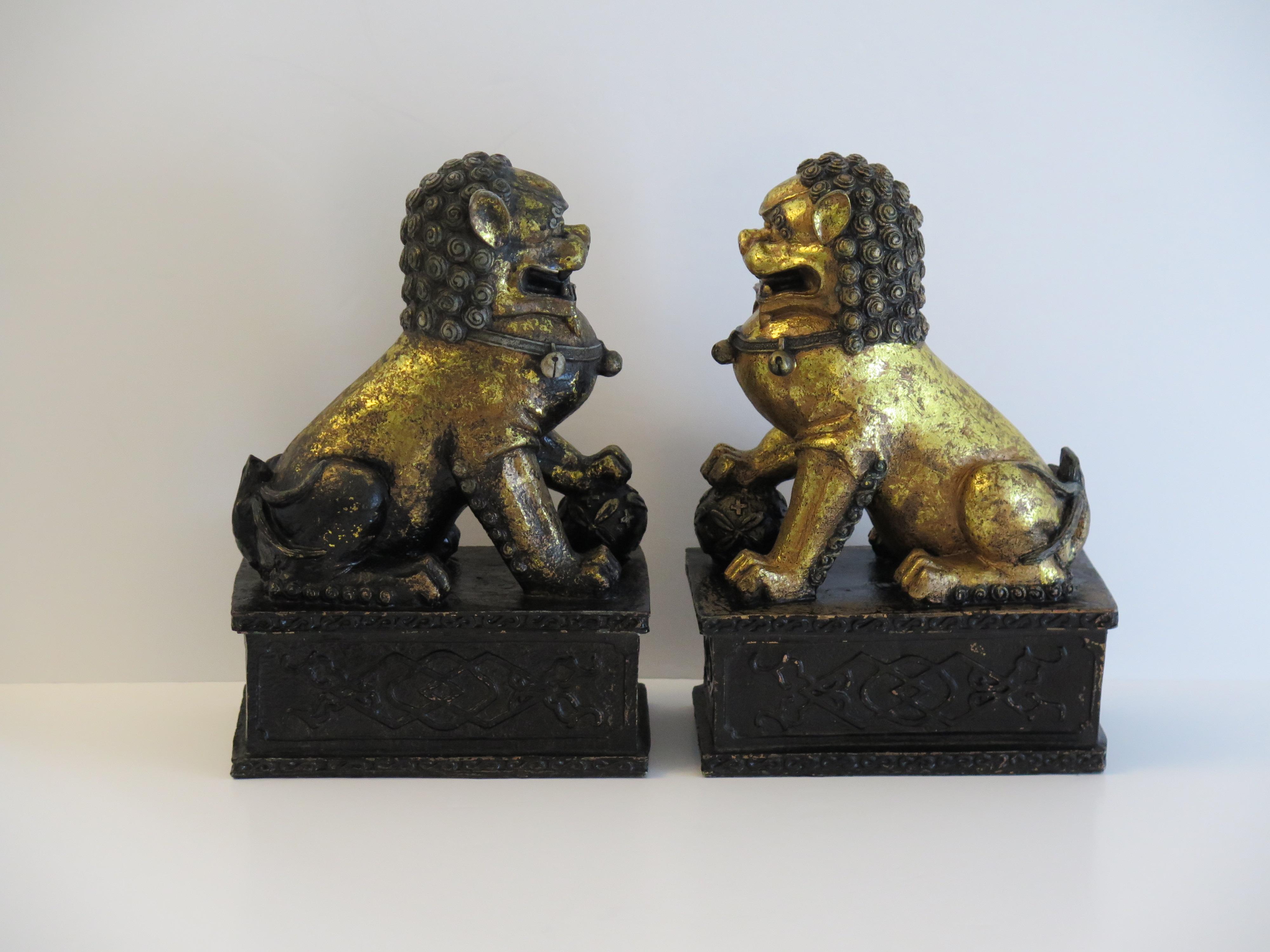 Gilt PAIR of Large Chinese Foo Dogs Gilded Metal with good detail, Circa 1920s For Sale