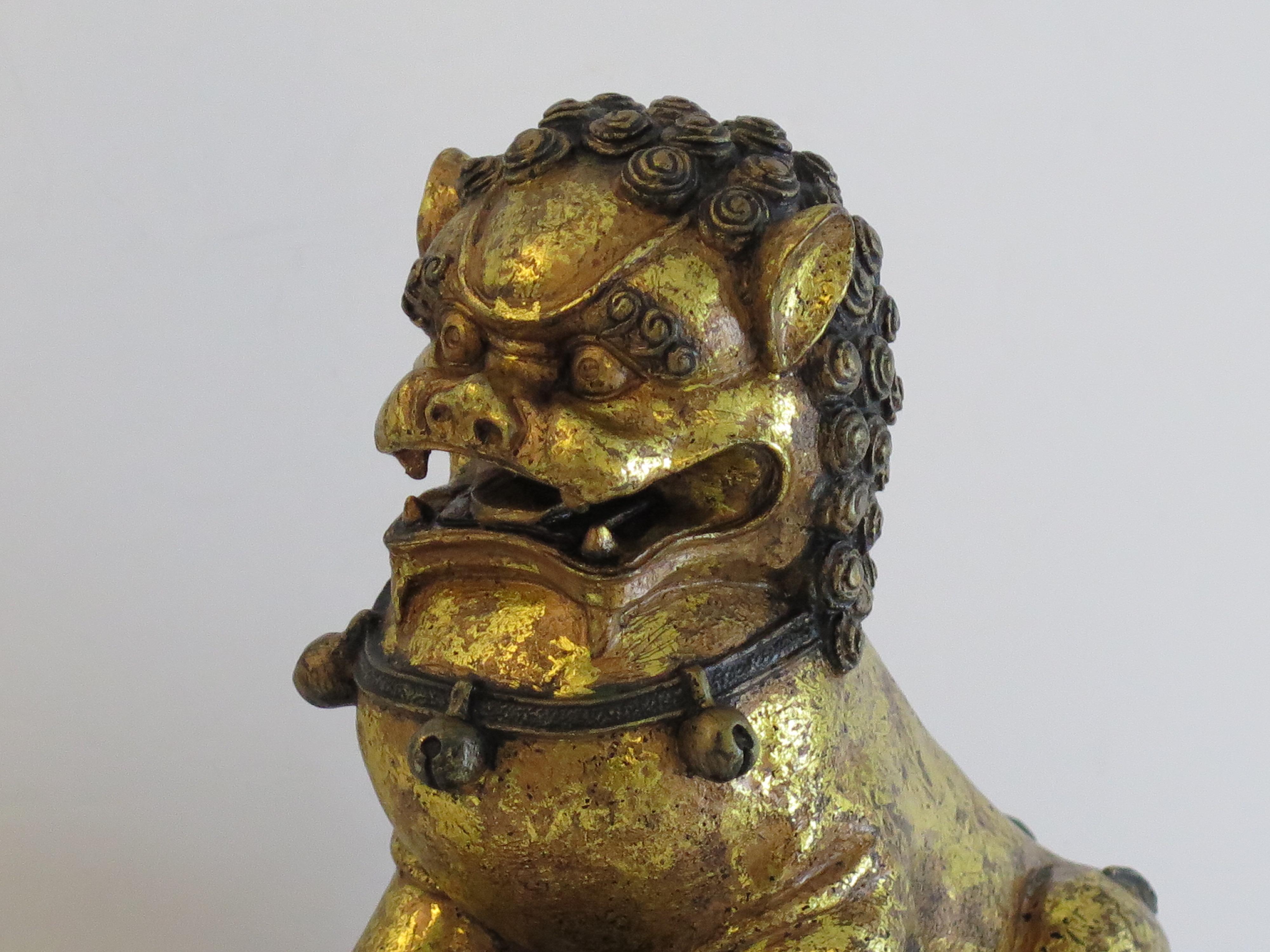 PAIR of Large Chinese Foo Dogs Gilded Metal with good detail, Circa 1920s For Sale 3