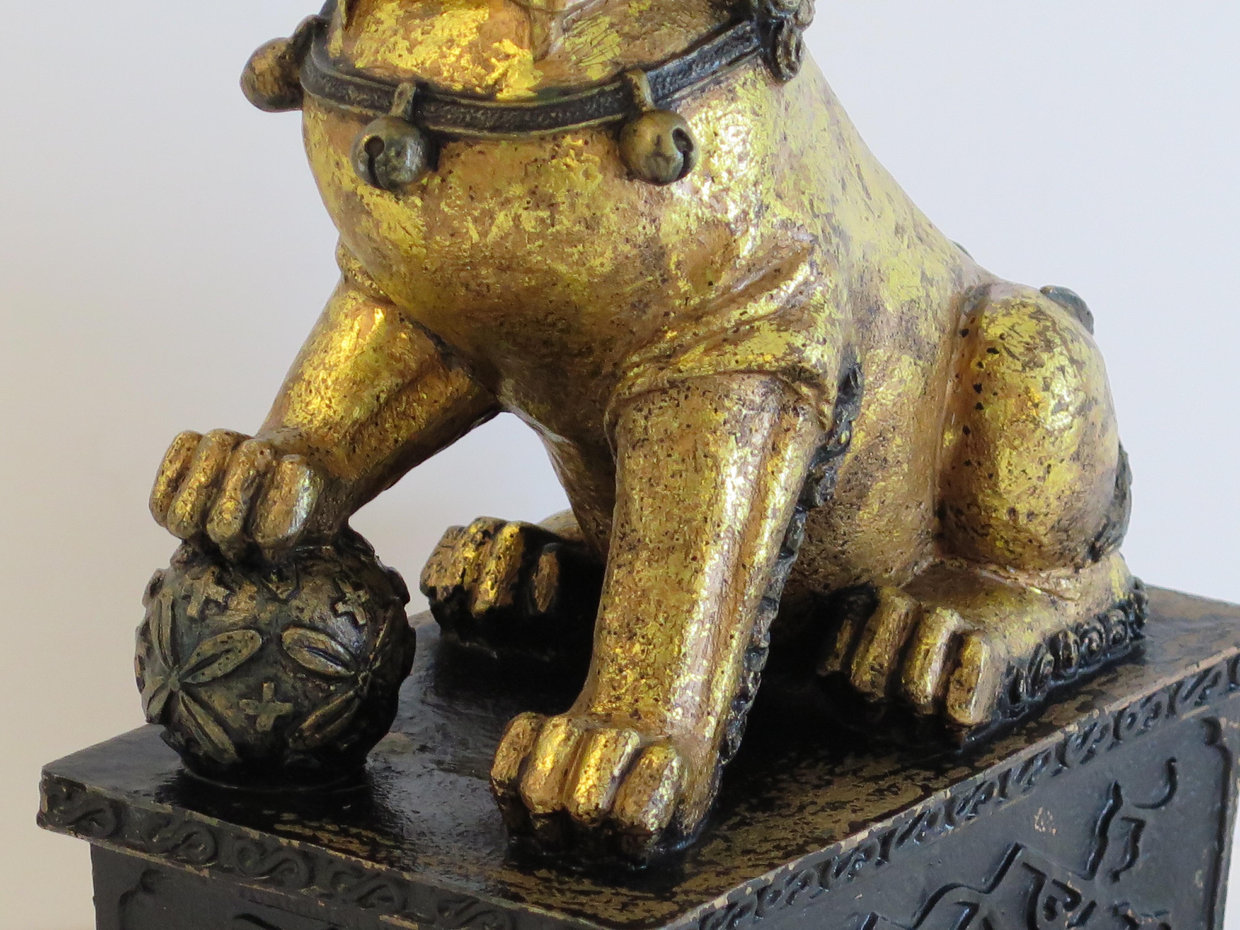 PAIR of Large Chinese Foo Dogs Gilded Metal with good detail, Circa 1920s For Sale 4