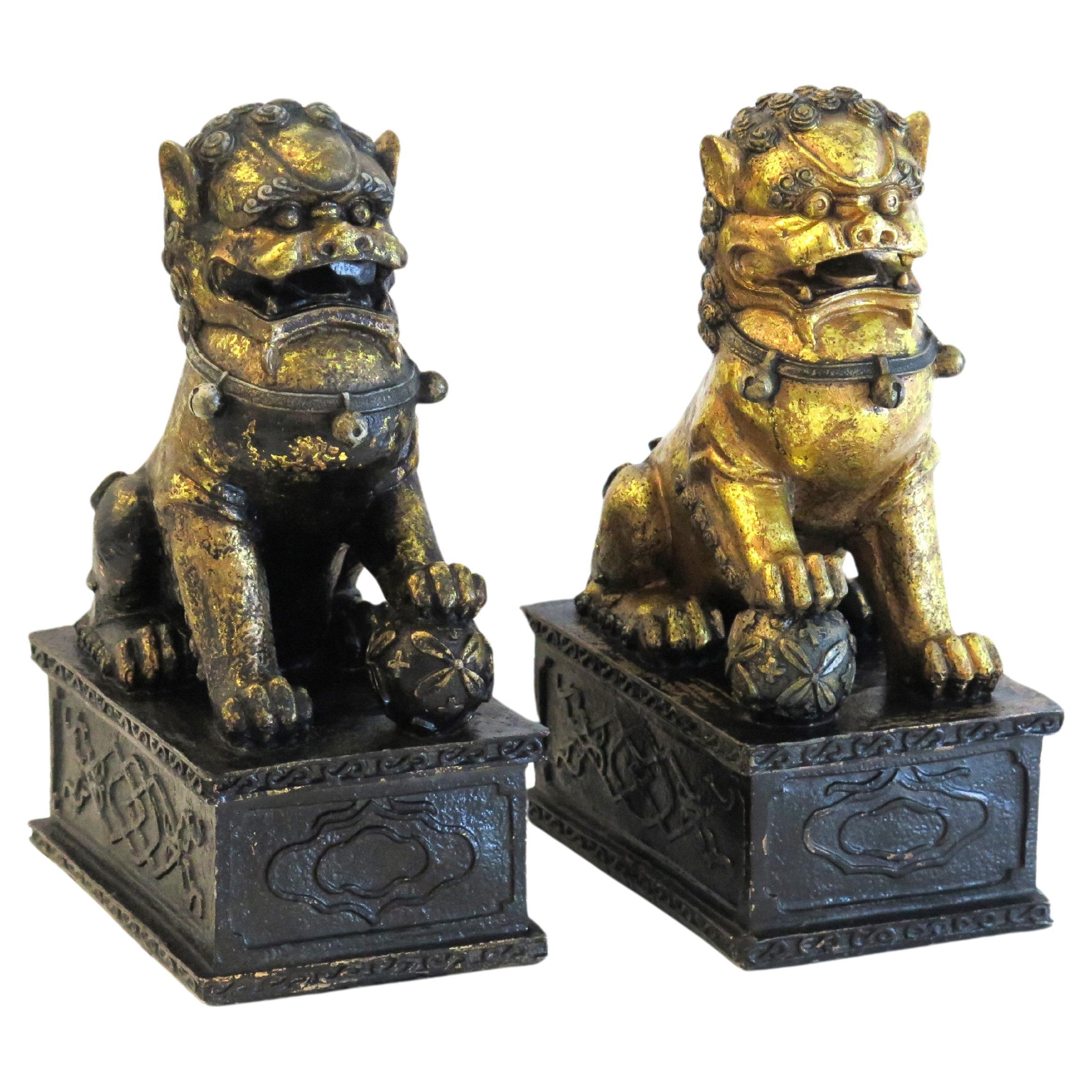 PAIR of Large Chinese Foo Dogs Gilded Metal with good detail, Circa 1920s For Sale 1
