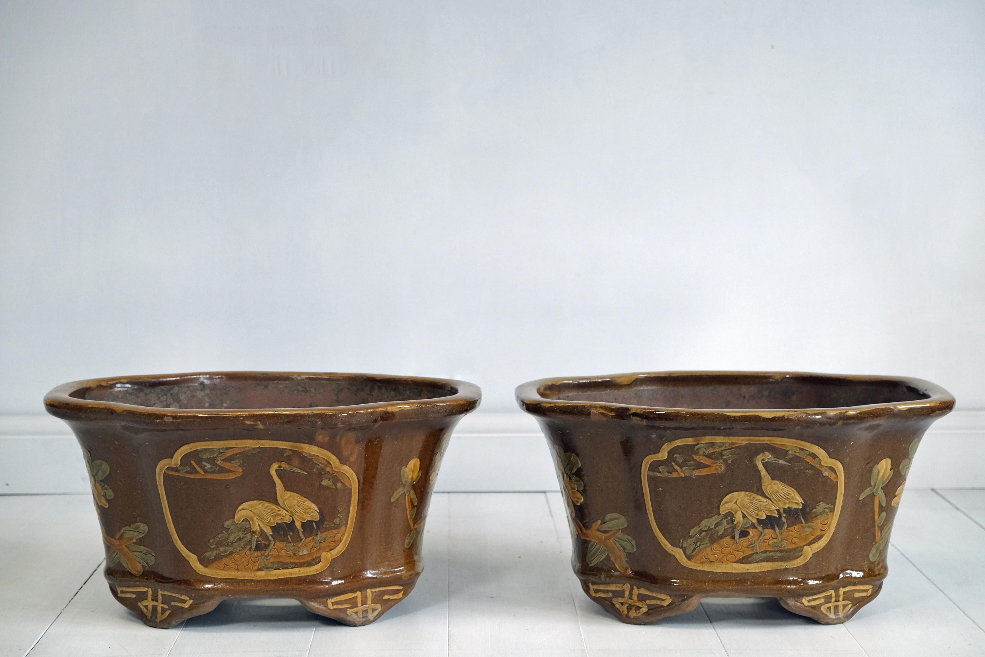 Chinese Export Large Chinese Glazed Terracotta Planters, Urns, Mid-20th Century, Garden Outdoor