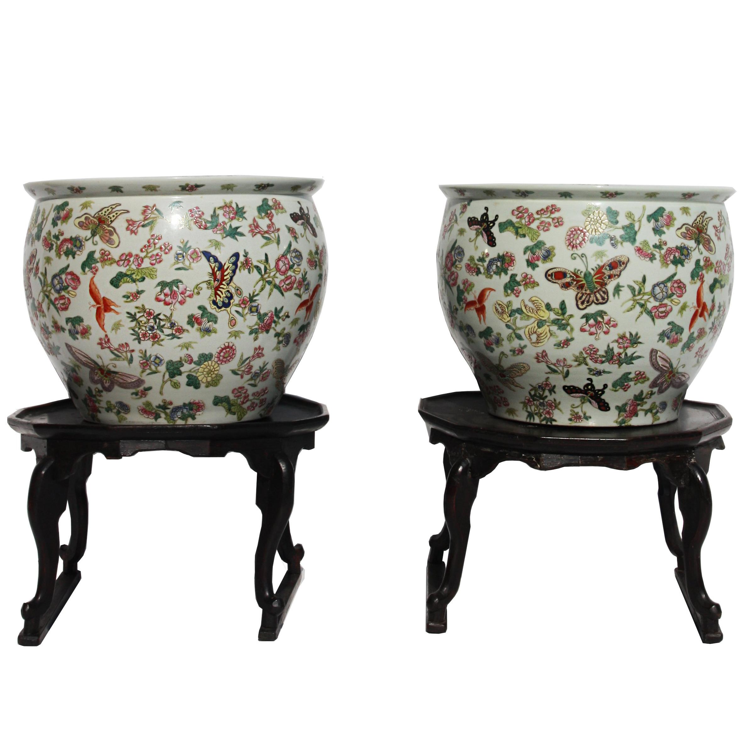 Pair of Large Chinese Jardinières with Butterflies and Flowers at 1stDibs