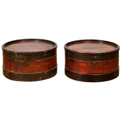 Pair of Large Chinese Lacquered Wood Lidded Drum Tables with Geometric Patterns